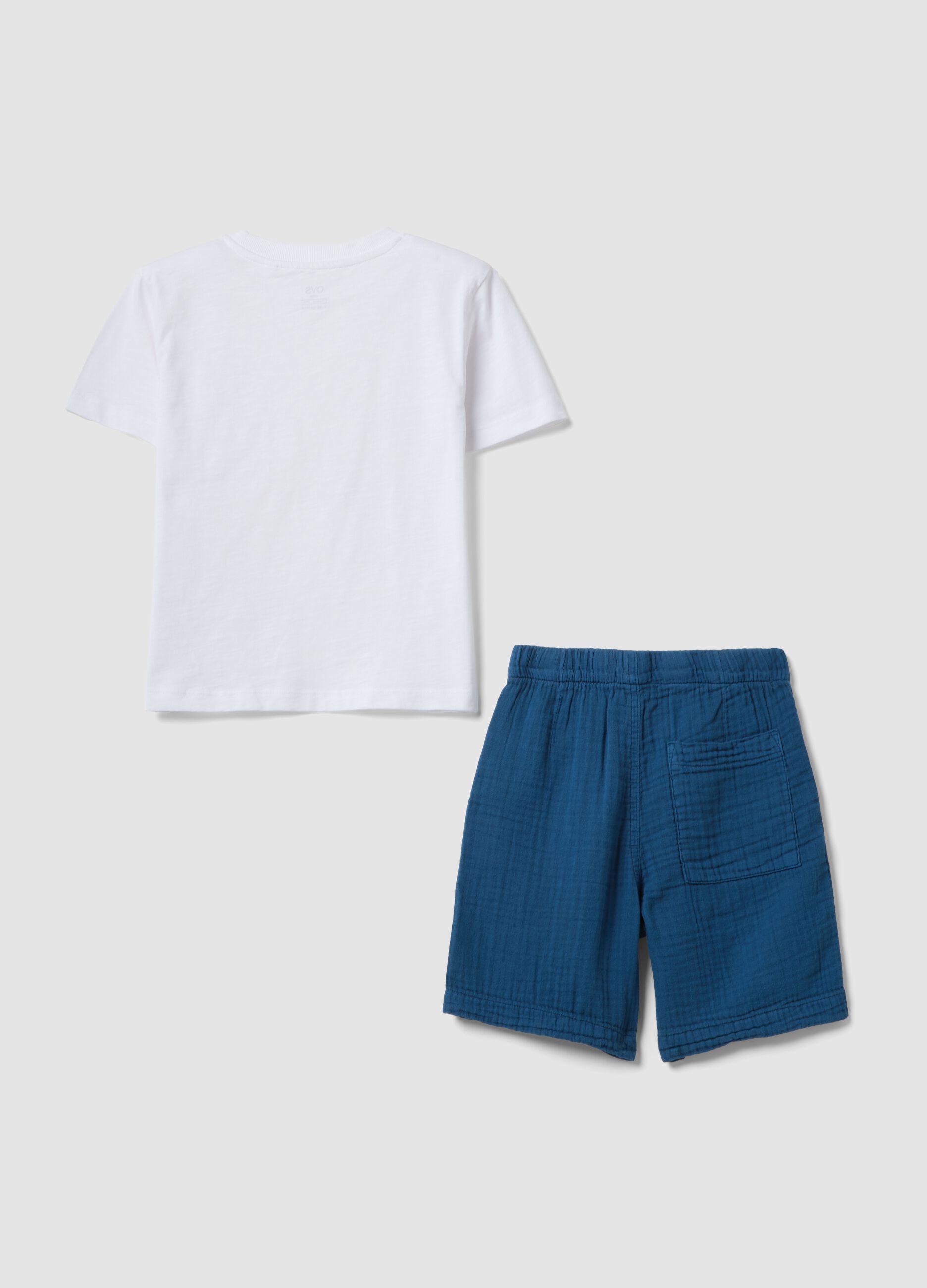 White and blue pure cotton T-shirt and shorts set for boys, regular fit