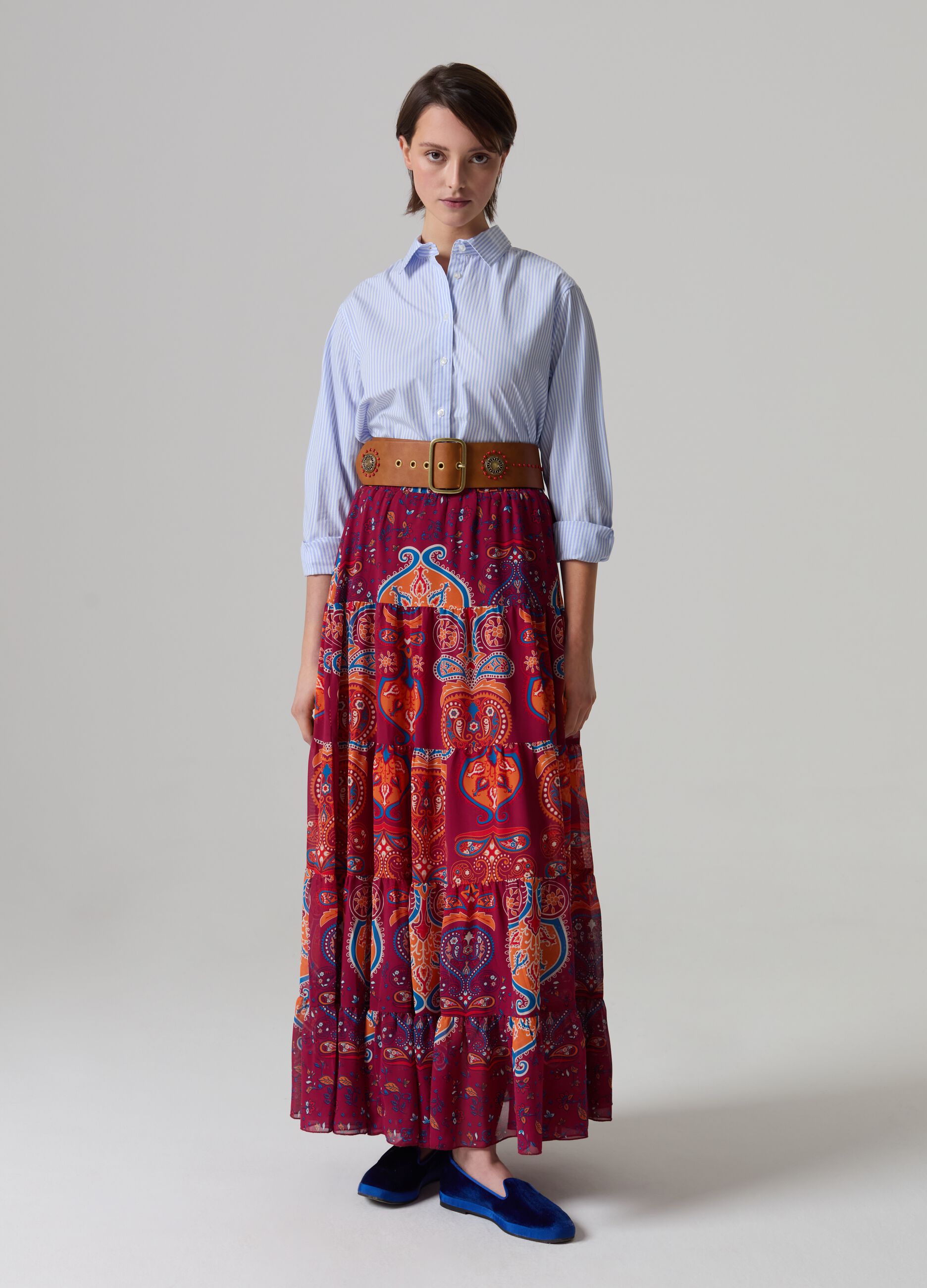 Long tiered skirt with folk print