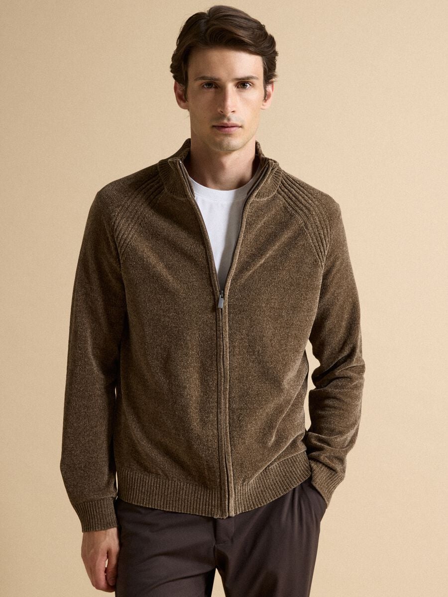 Cardigan beige full zip con colletto regular fit_2