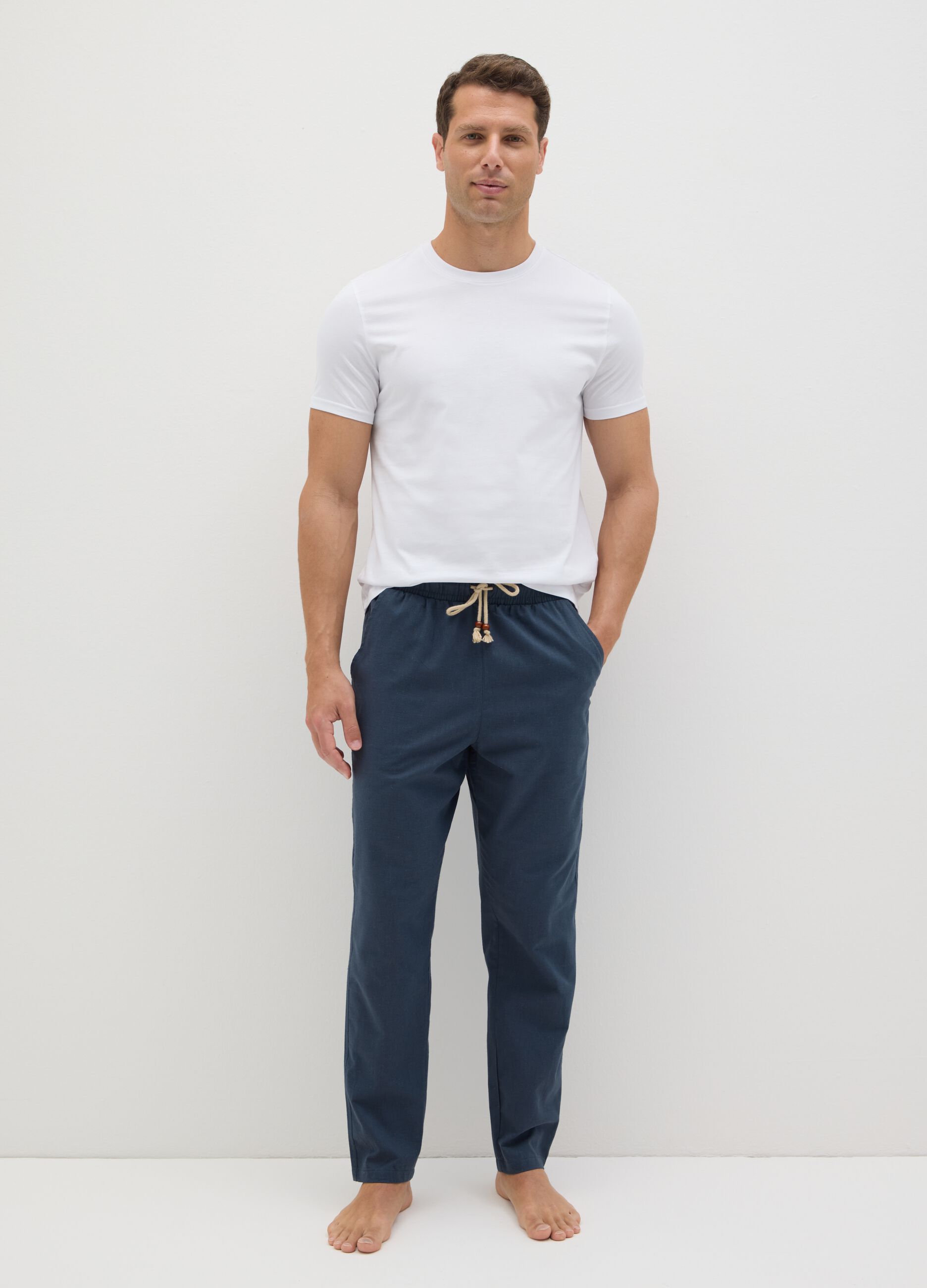 Men's Blue Cotton Blend Regular Fit Trousers