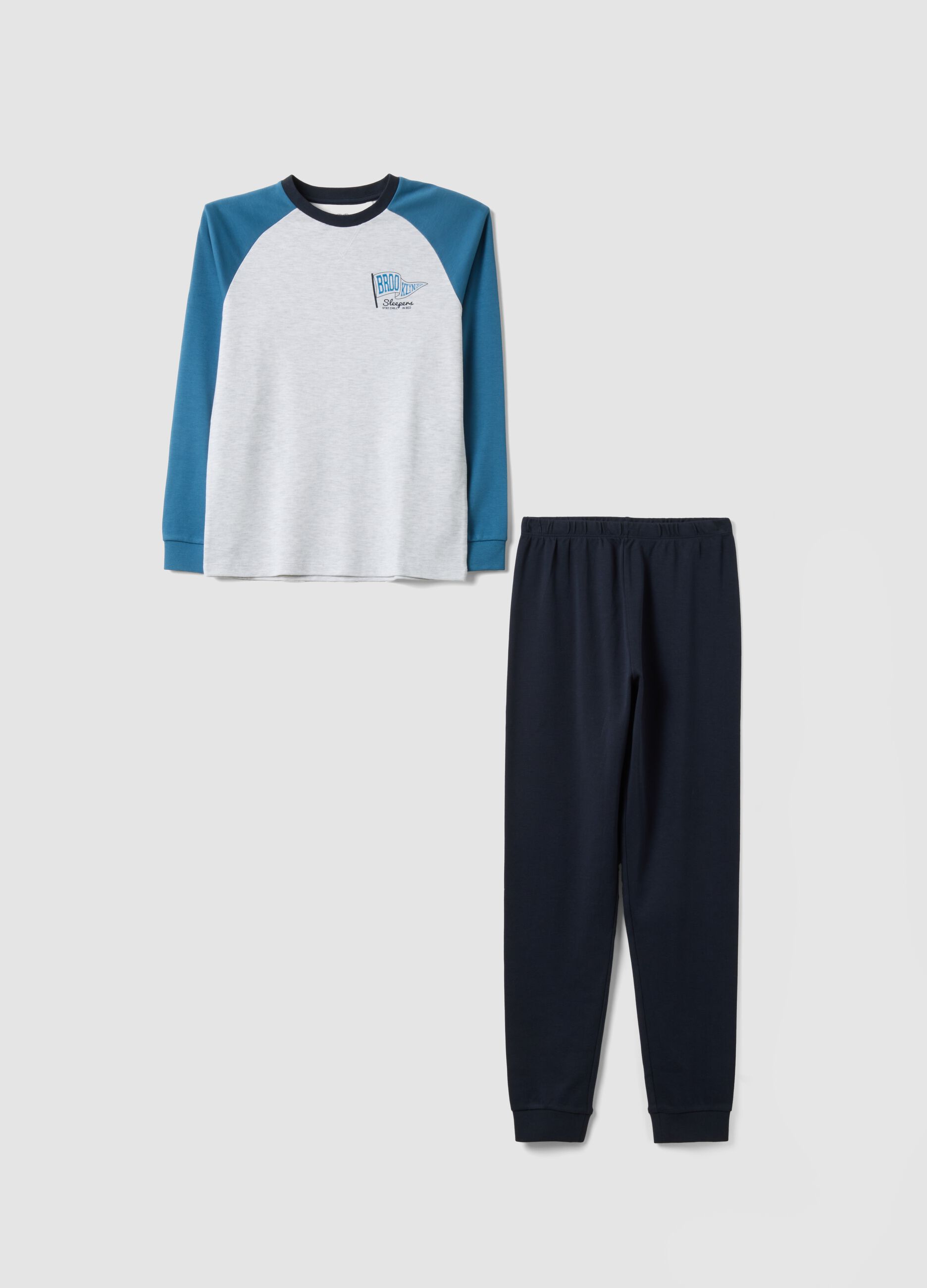 Blue and white crew-neck pyjamas in organic cotton and viscose blend