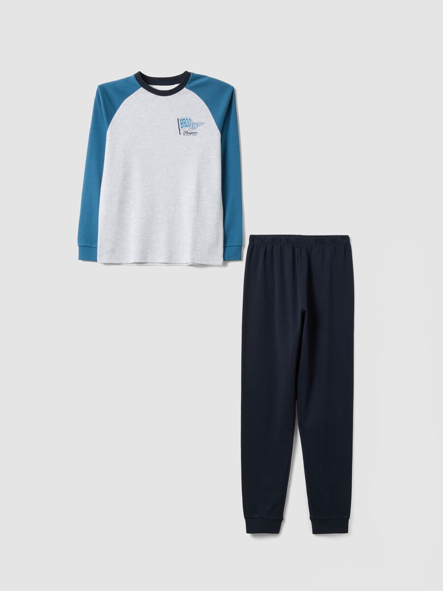Blue and white crew-neck pyjamas in organic cotton and viscose blend_0