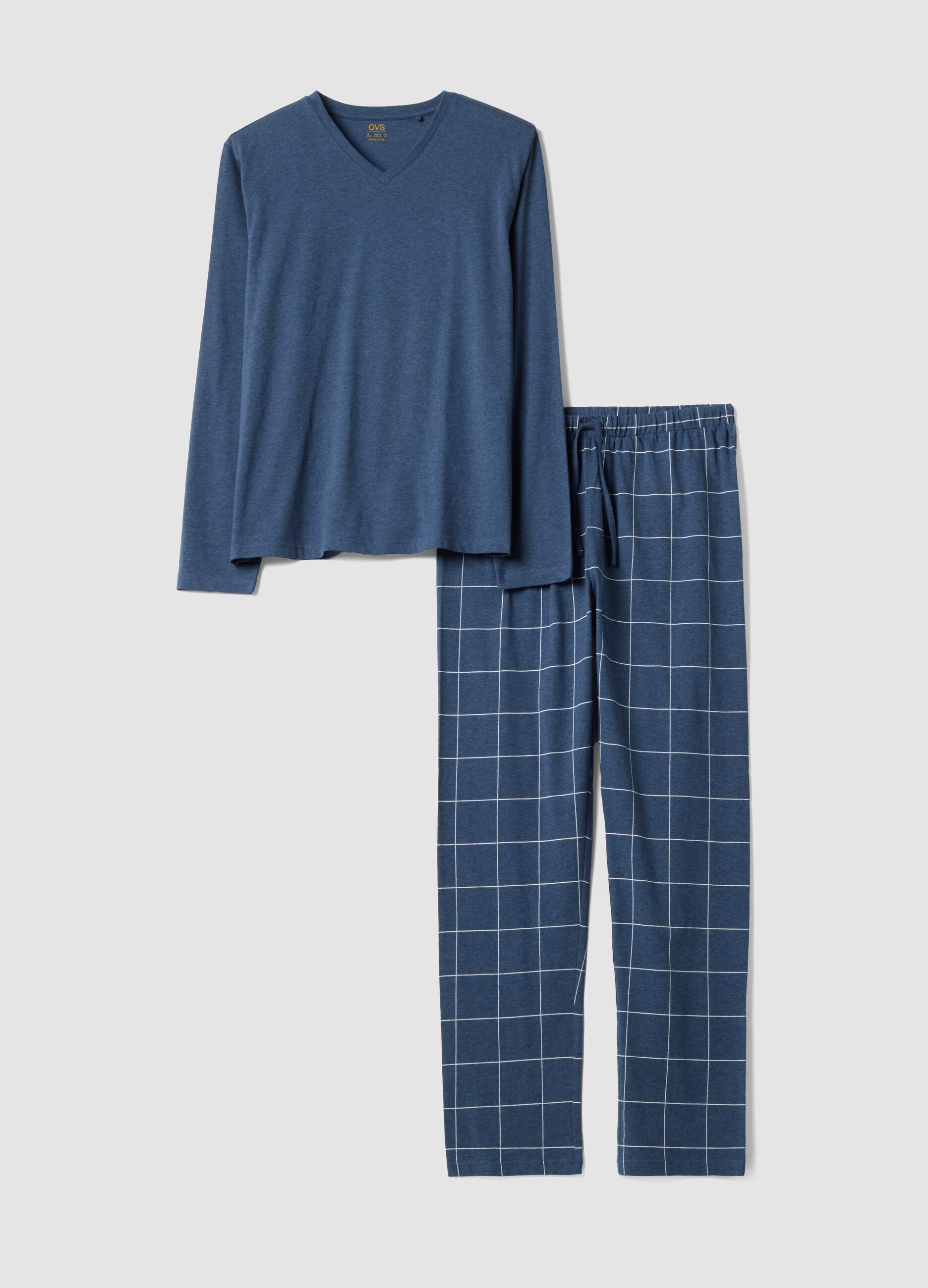 Blue V-neck pyjamas in pure organic cotton