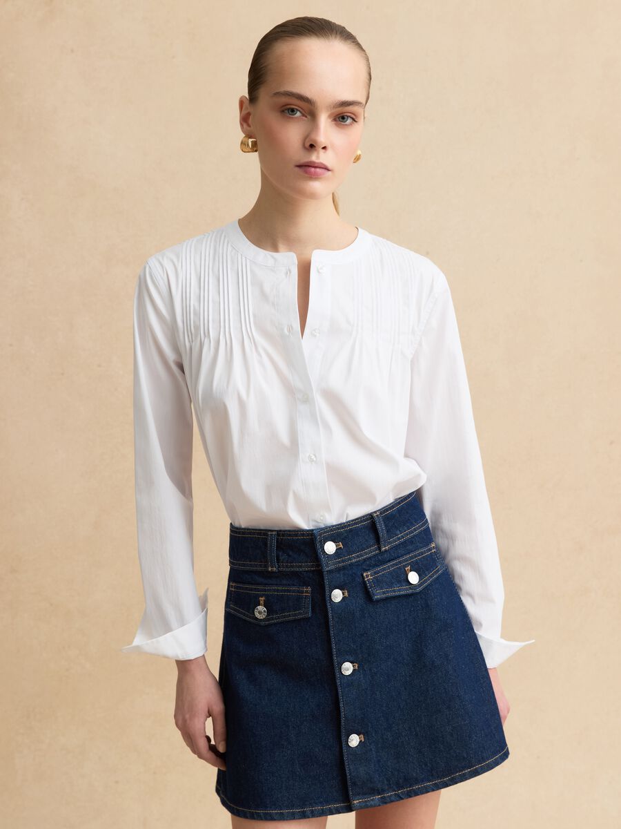 White cotton blend regular fit shirt with mandarin collar_0