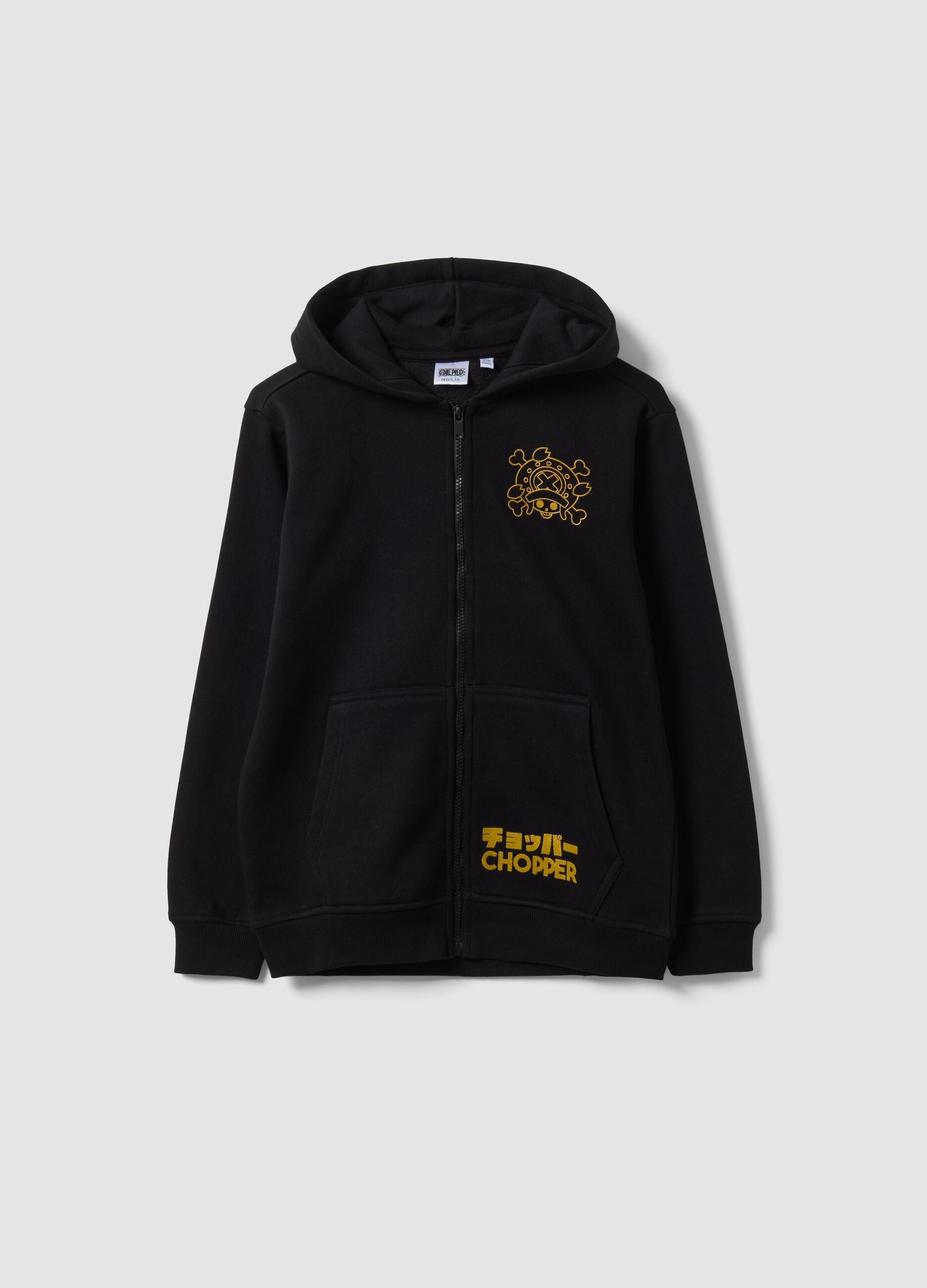 Black cotton-blend zip hoodie with One Piece print