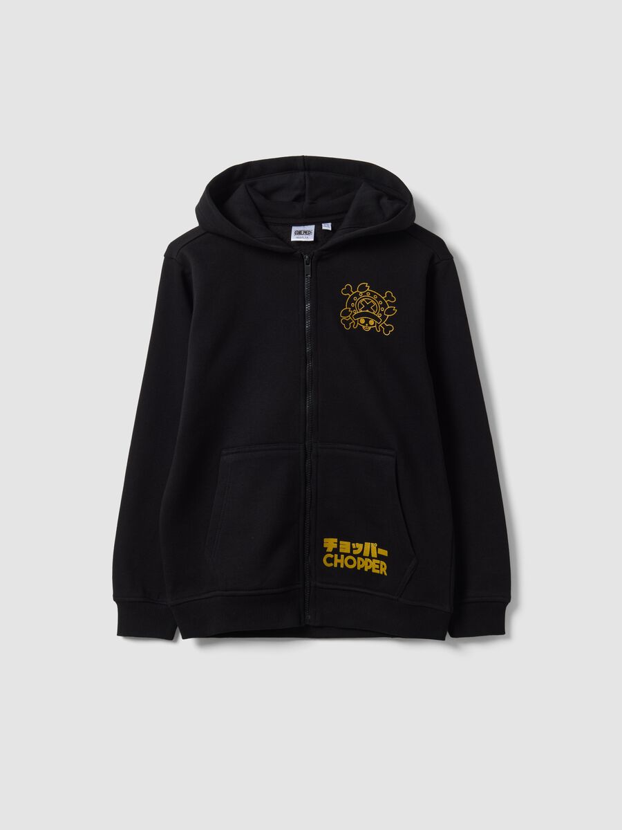 Felpa nera con cappuccio in misto cotone con zip e stampa One Piece_0