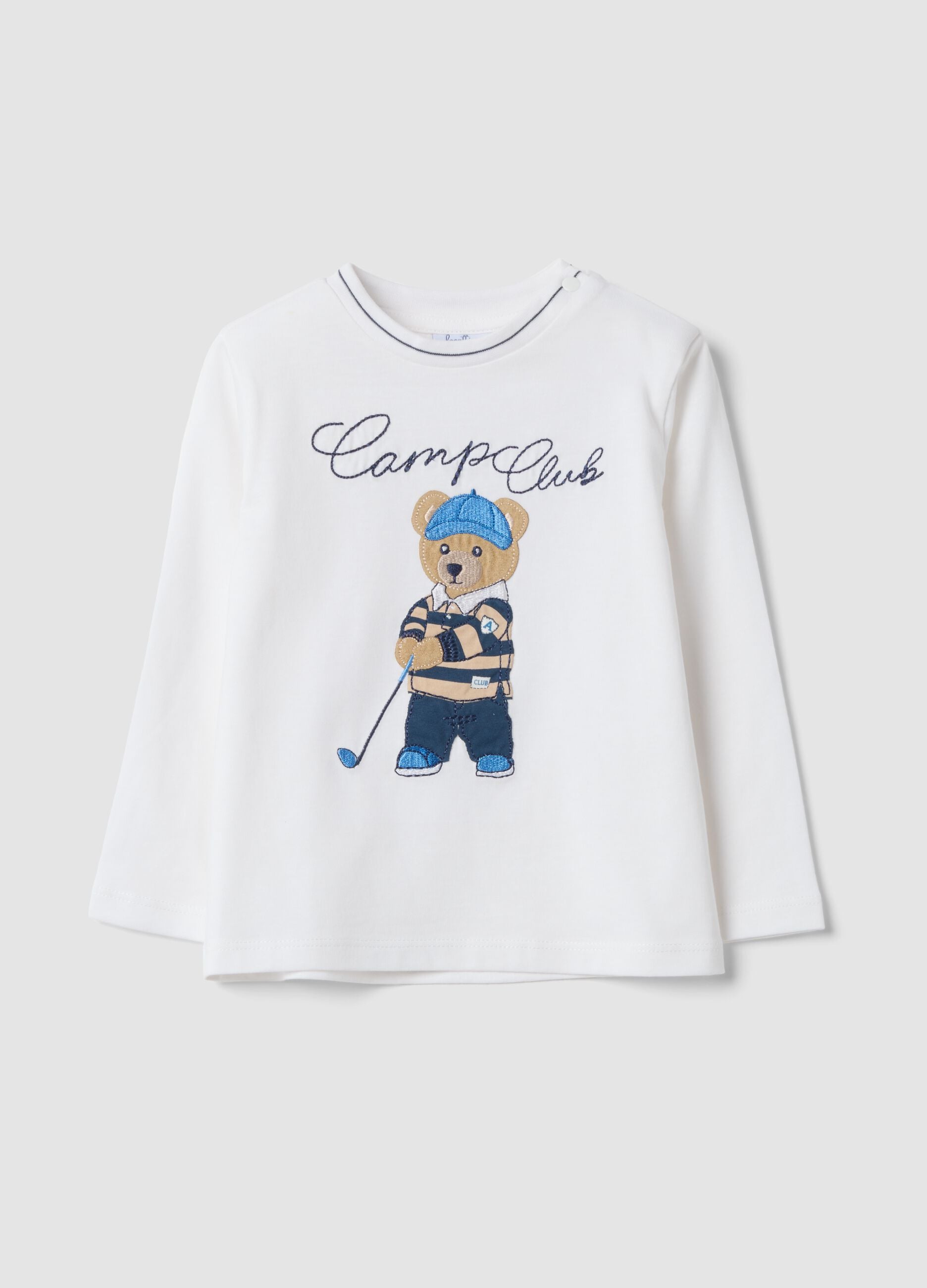 White organic cotton T-shirt with embroidered teddy bear, regular fit