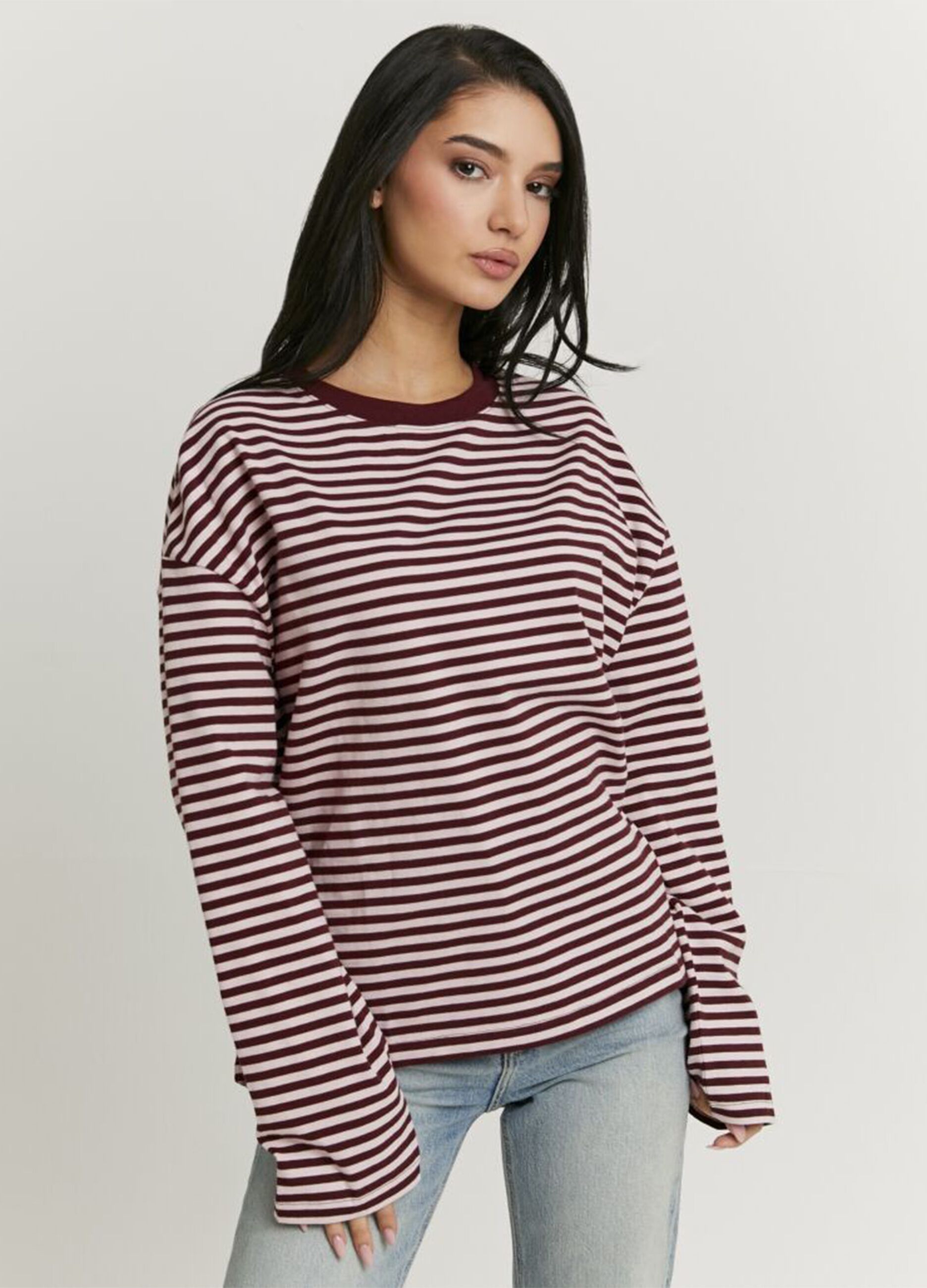 Regular Fit Long-Sleeve Striped Bordeaux T-shirt in 100% Cotton