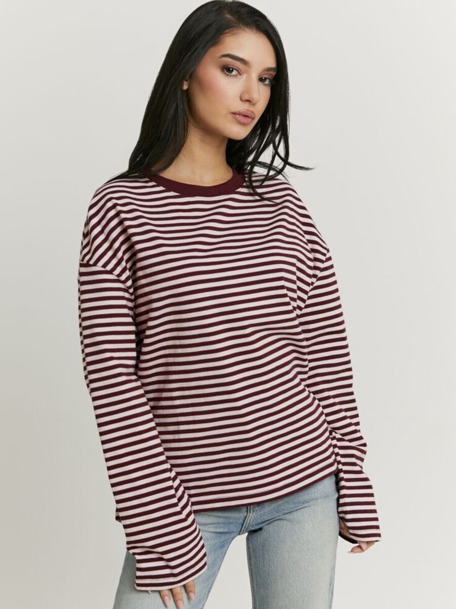 T-shirt a maniche lunghe con righe bordeax in puro cotone regular fit_0