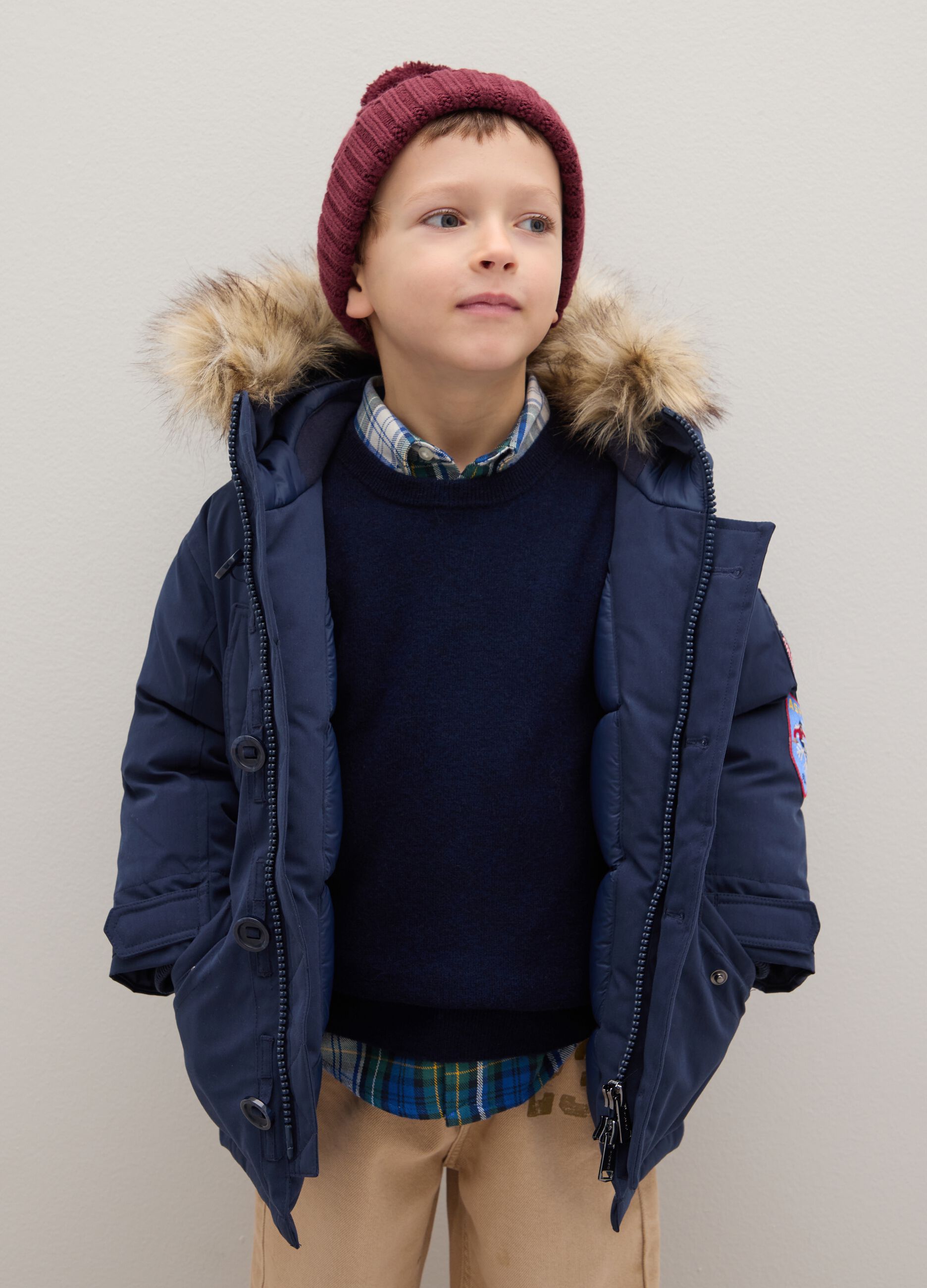 Blue padded children's jacket regular fit with hood and zip