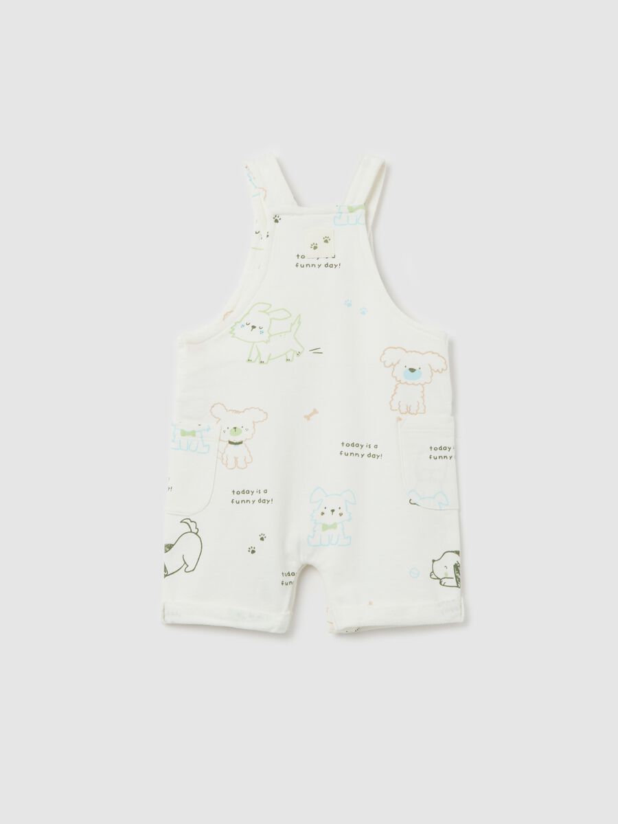 White dungarees in cotton with puppies print_1