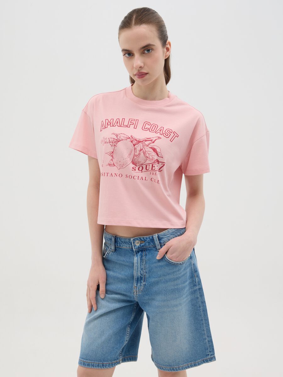 Pink cotton T-shirt with "Amalfi Coast" print_0