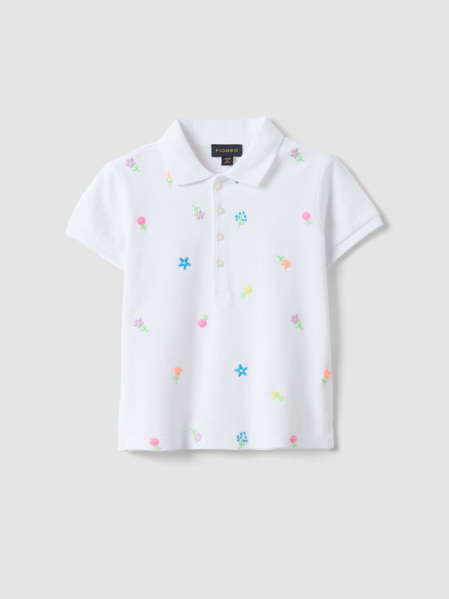 Girls' white pure cotton polo regular fit with embroidered flowers_3