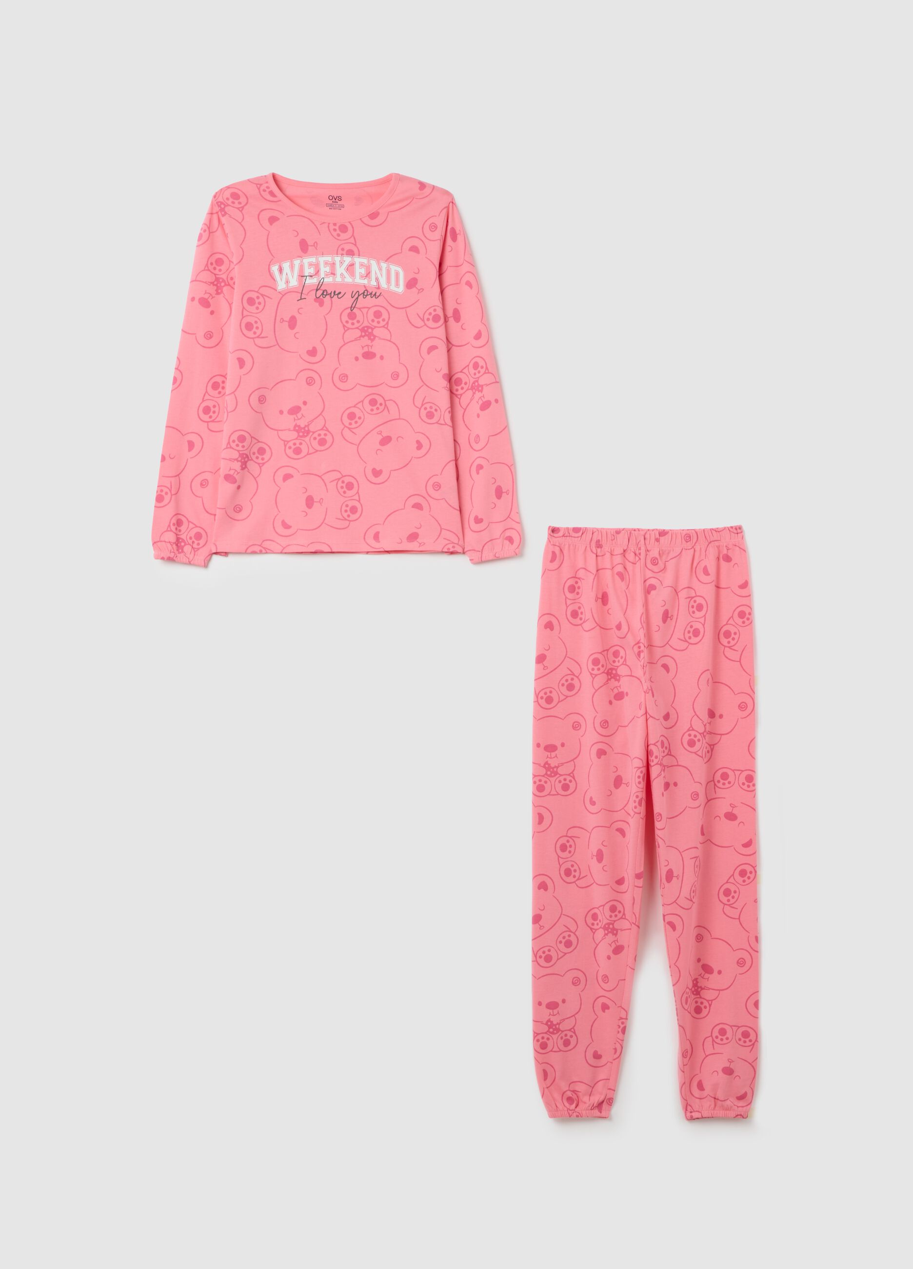 Girls' Pink Pure Cotton Pyjamas with Print