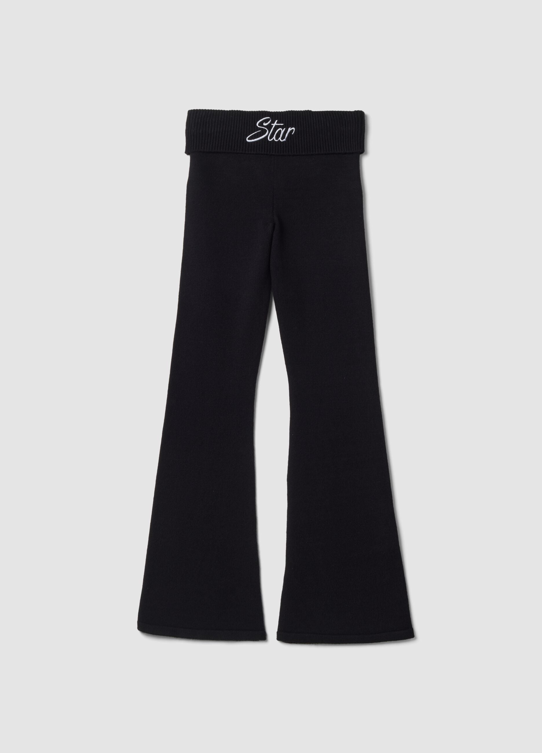 Black flared viscose-blend leggings with star embroidery