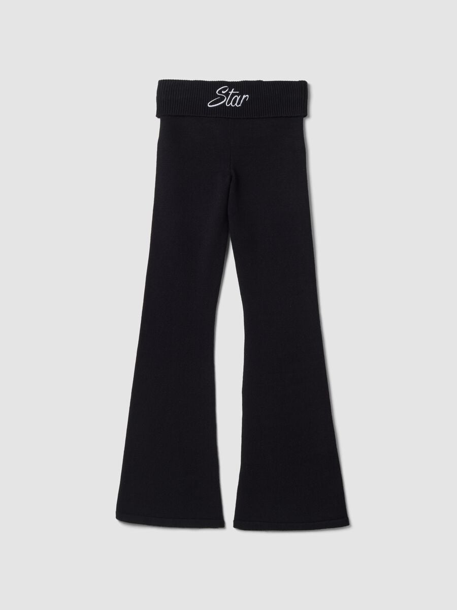 Black flared viscose-blend leggings with star embroidery_1