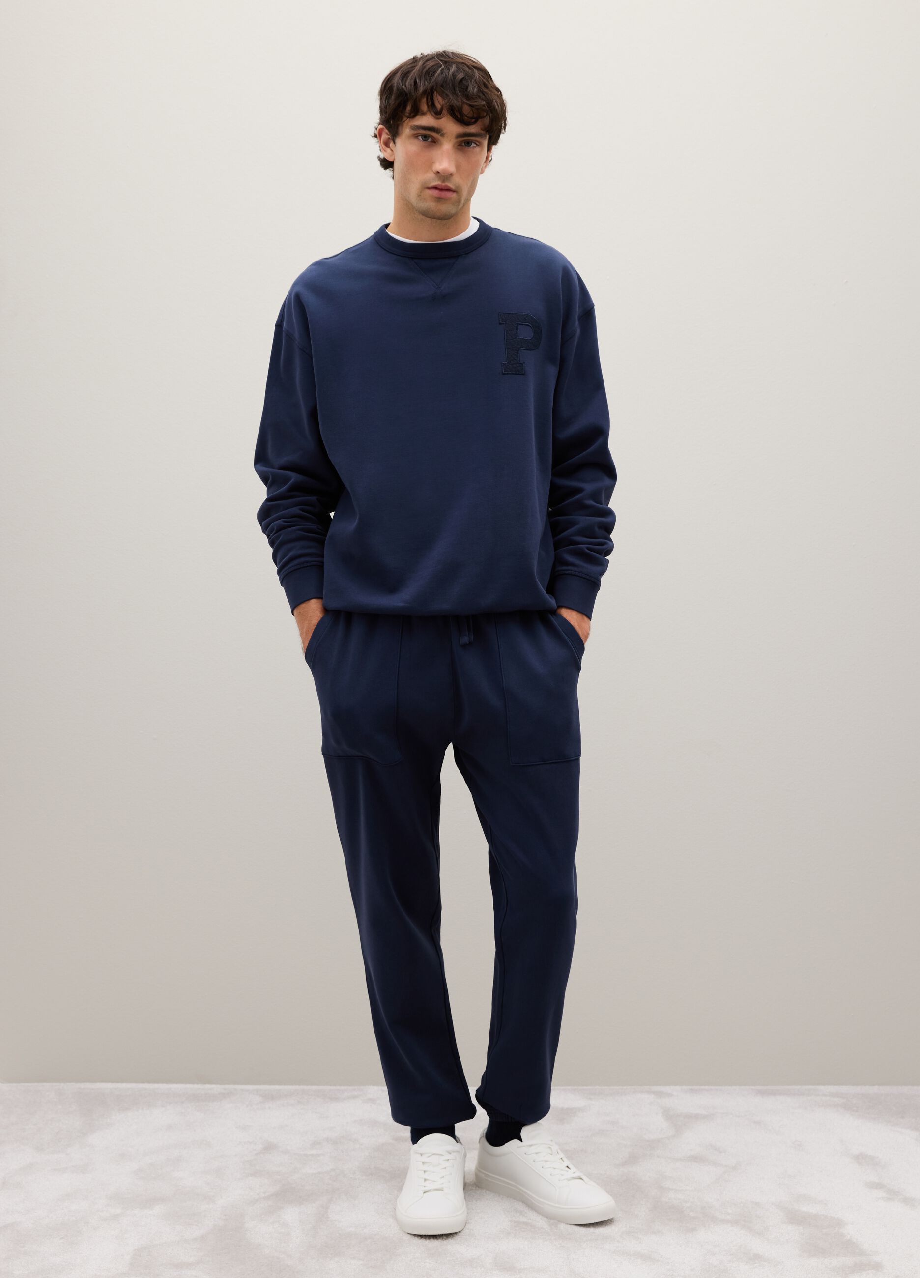 Blue cotton trousers with elastic waistband