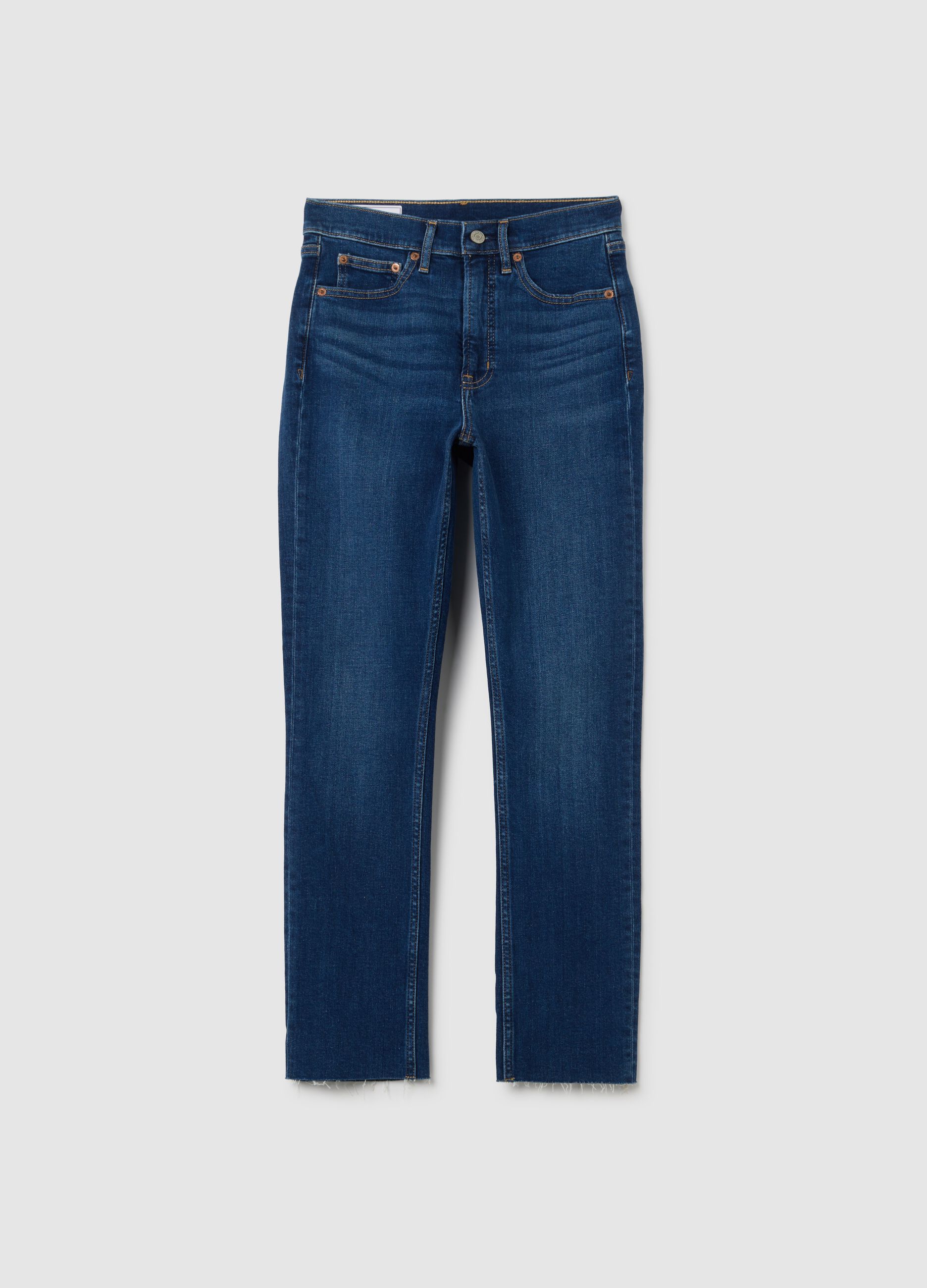 Slim-fit high-waist jeans with raw edging