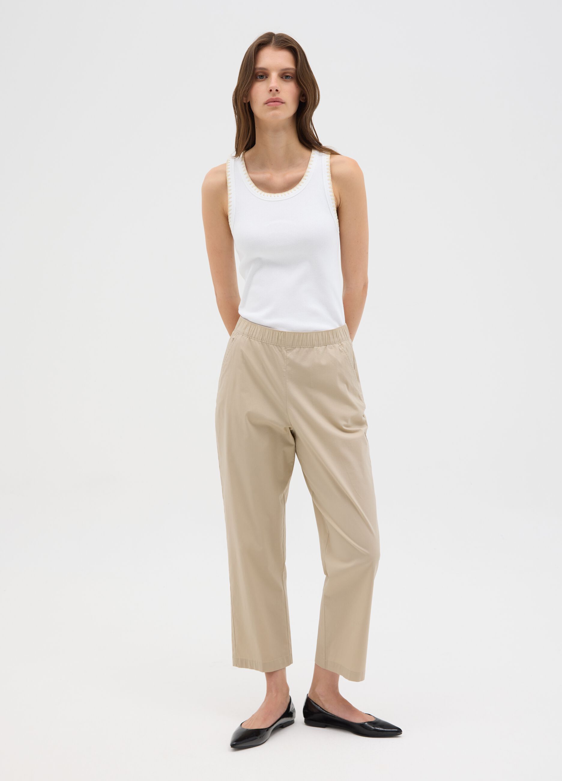 Pantaloni da donna in cotone elasticizzato beige regular fit