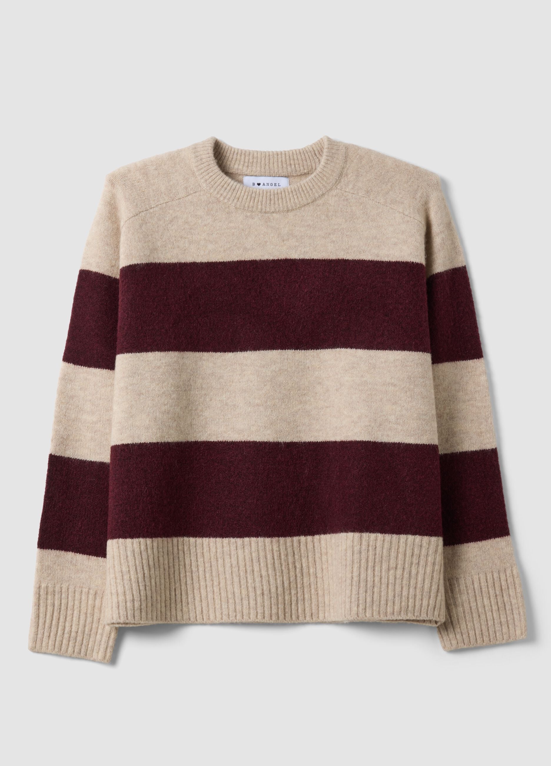 Beige striped stretch wool crew-neck jumper