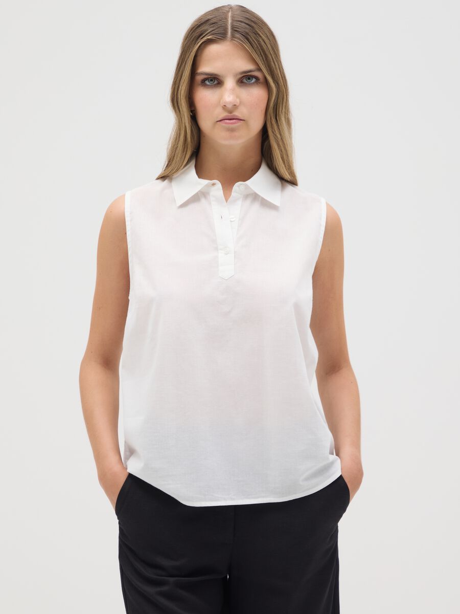 Women's Sleeveless White Cotton Shirt Regular Fit_0