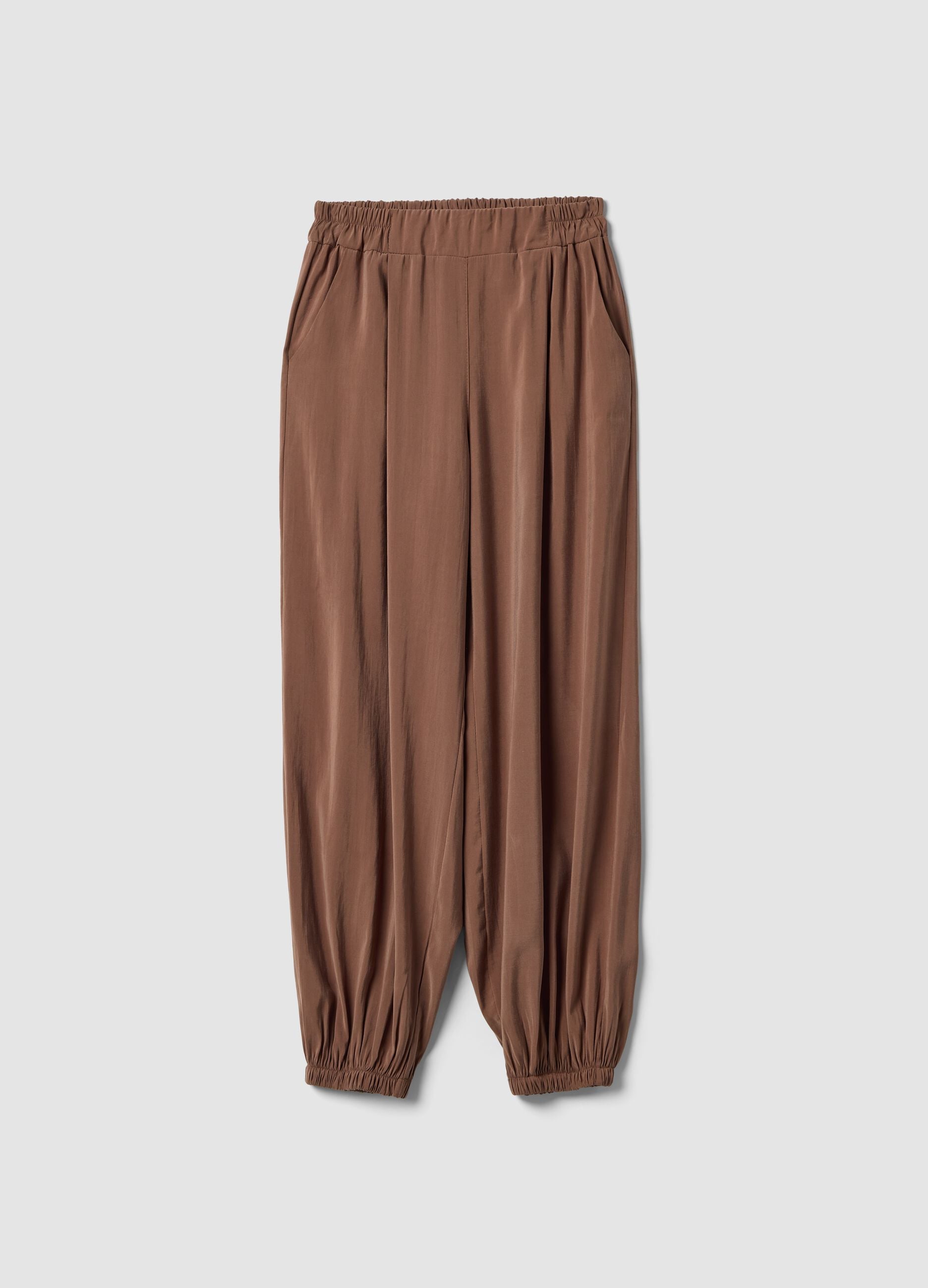Brown viscose-blend trousers with elasticated cuffs, regular fit