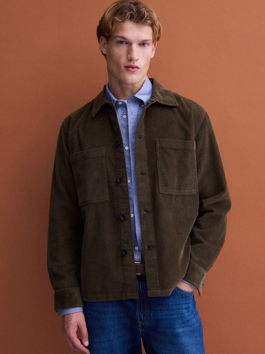 Brown ribbed pure cotton shacket with buttons, oversized fit_0