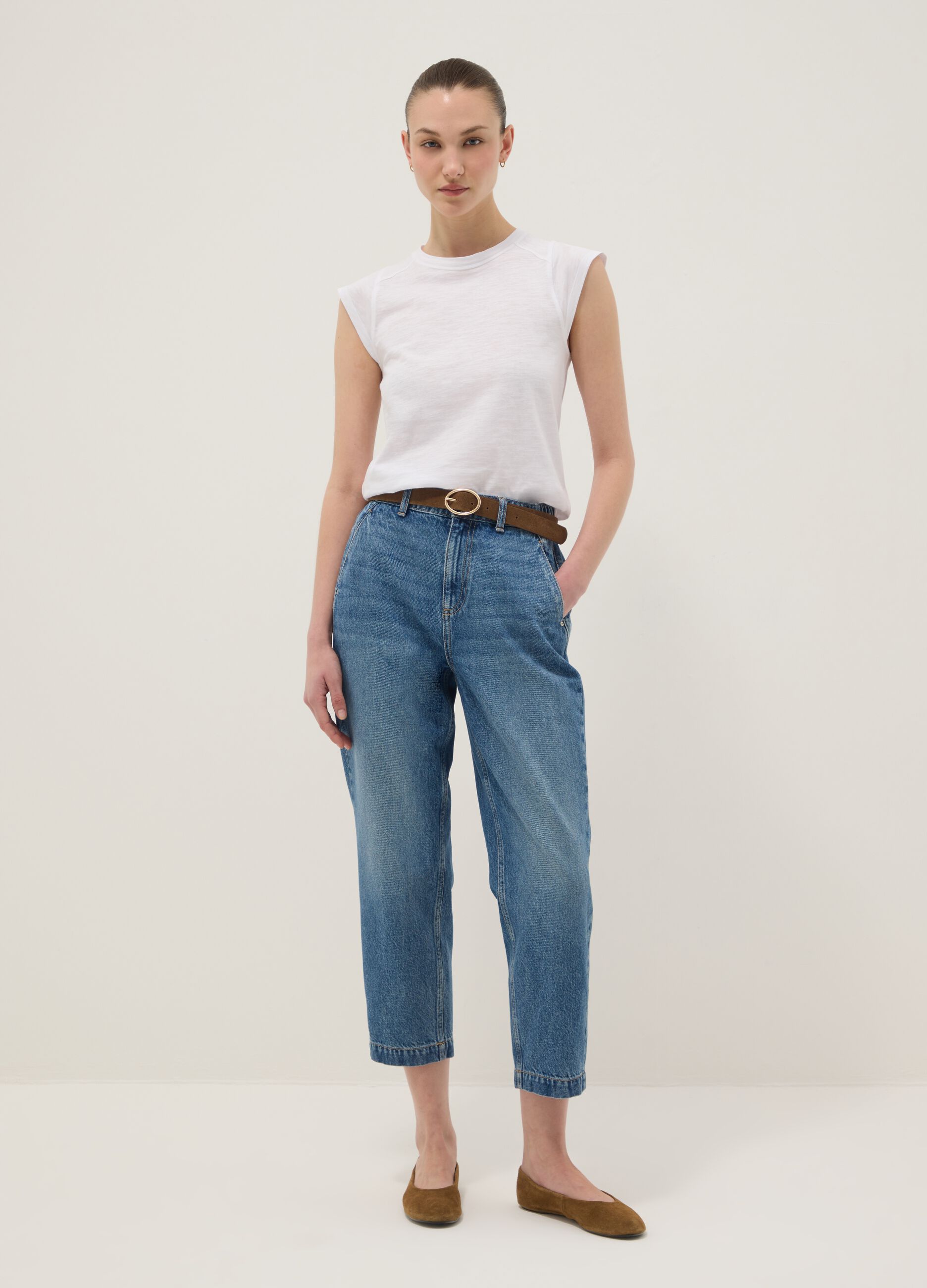 Light blue pure cotton denim carrot-fit jeans