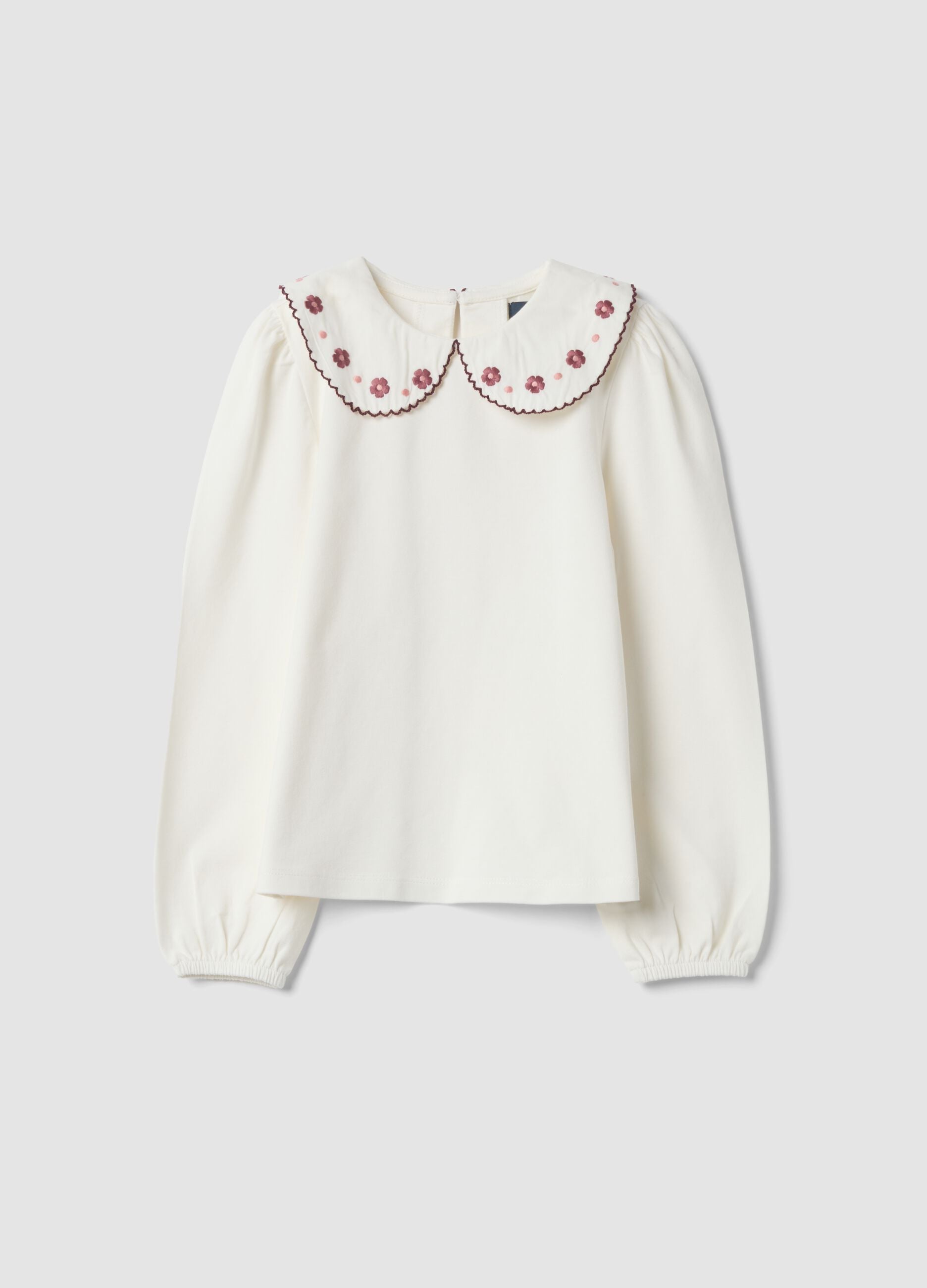T-shirt bianca girocollo in cotone elasticizzato con colletto ricamato