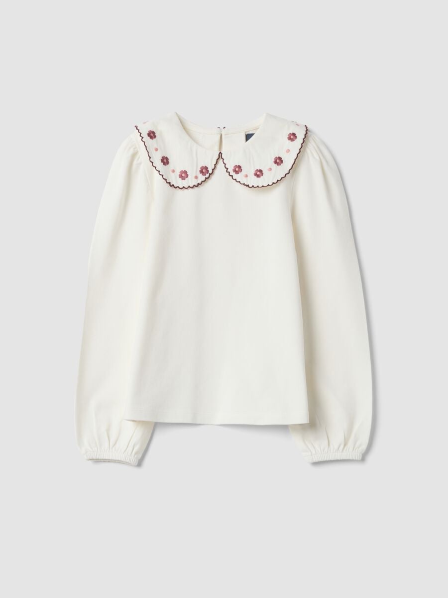 T-shirt bianca girocollo in cotone elasticizzato con colletto ricamato_0