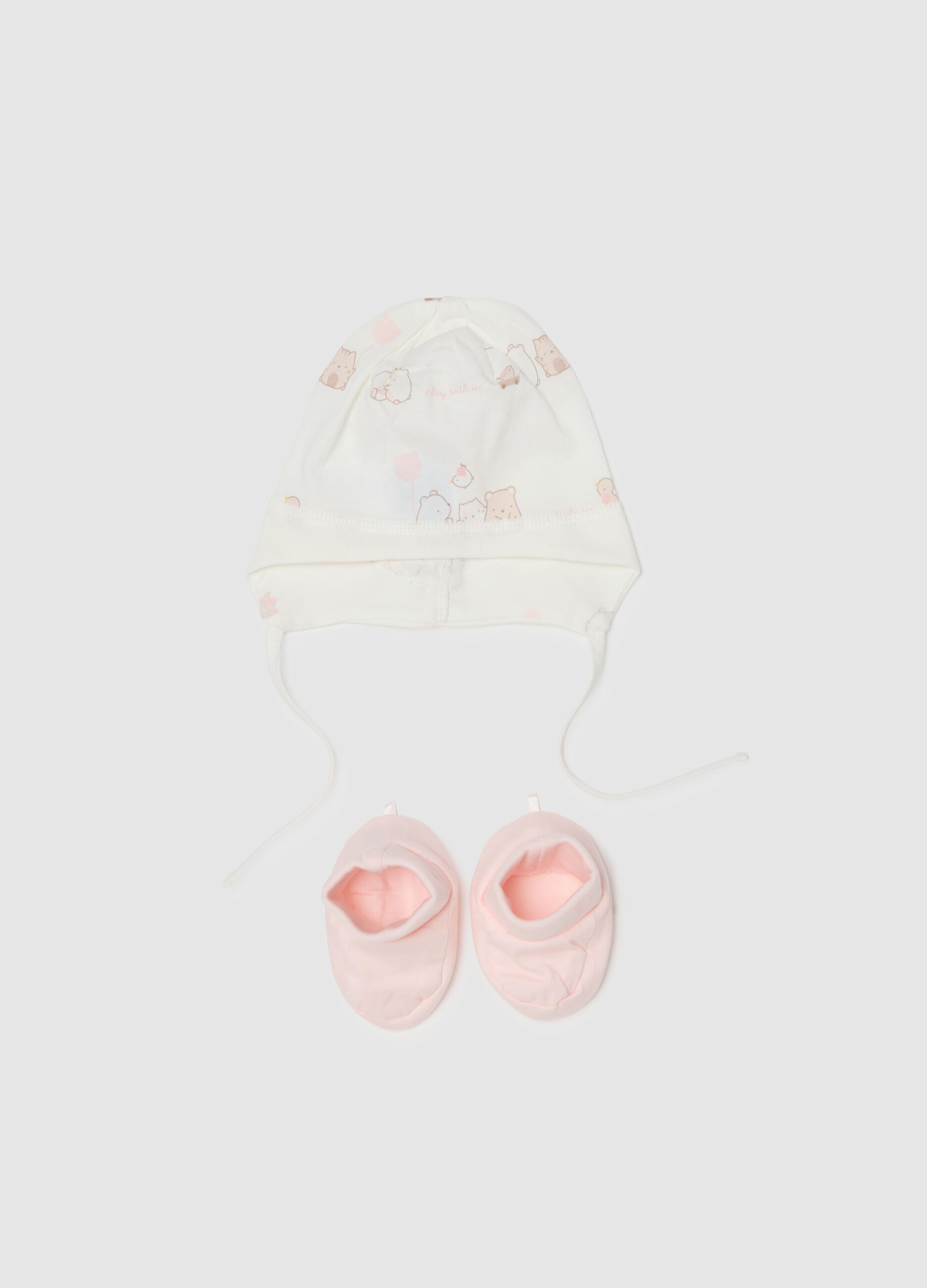 Multicolour baby hat and booties set in pure cotton