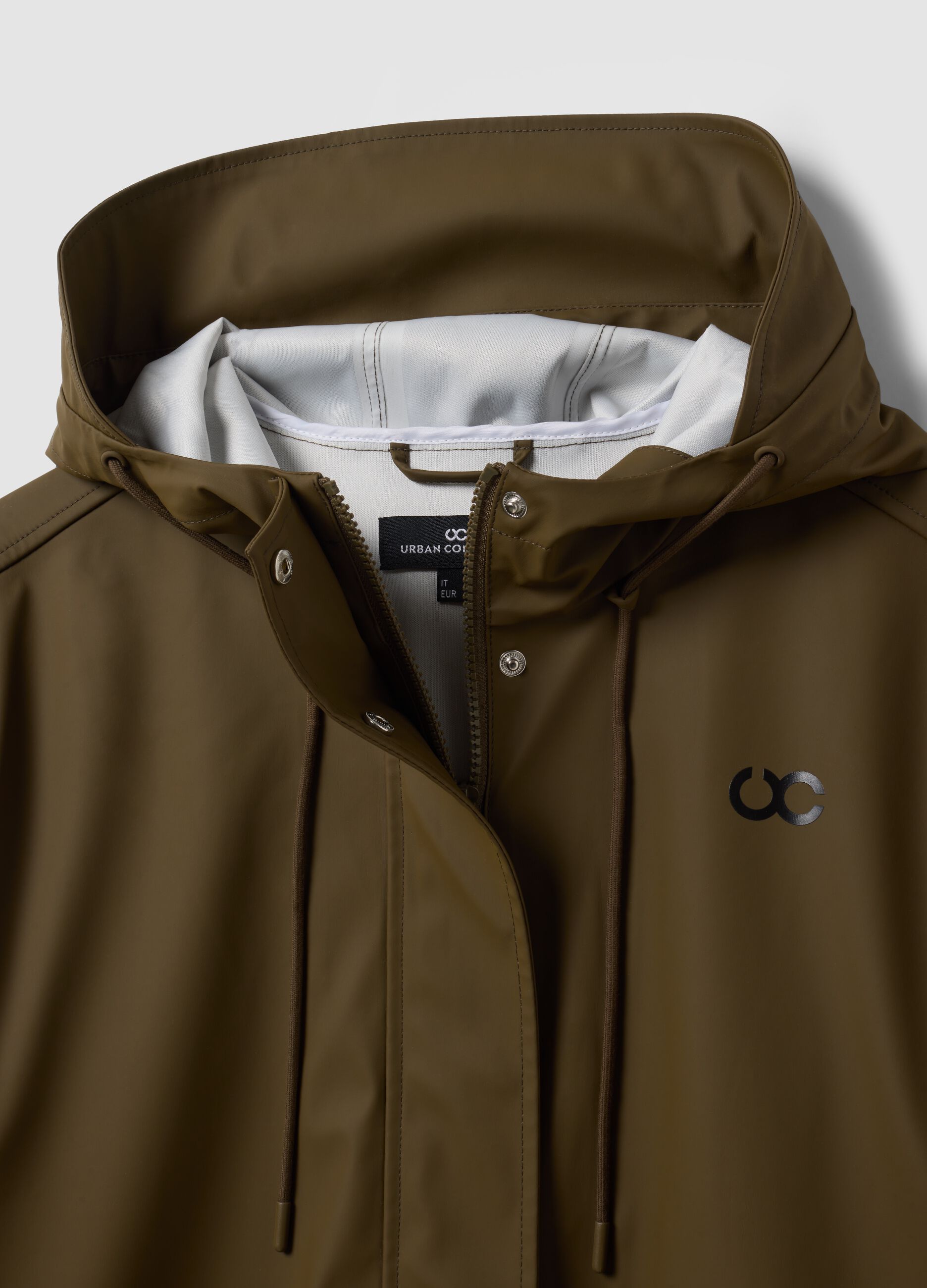 Green rain jacket with zip and hood