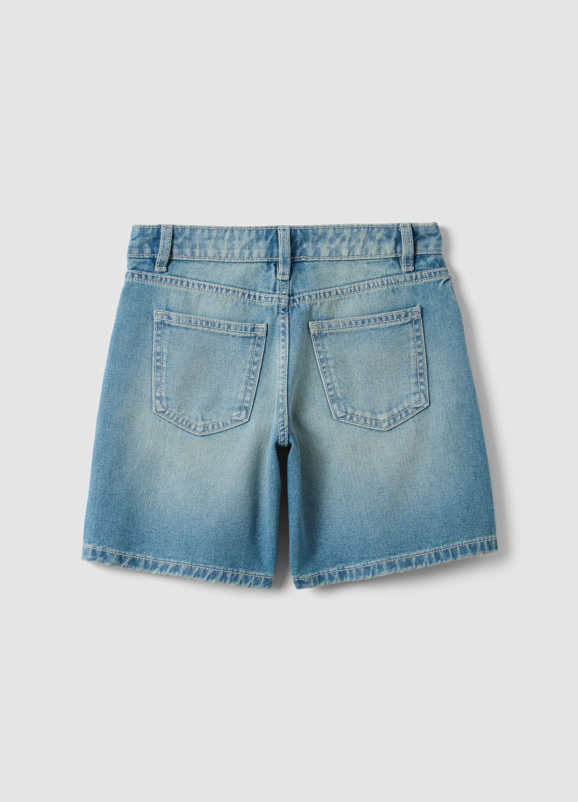 Blue pure-cotton denim shorts for girls, regular fit with polka-dot detail