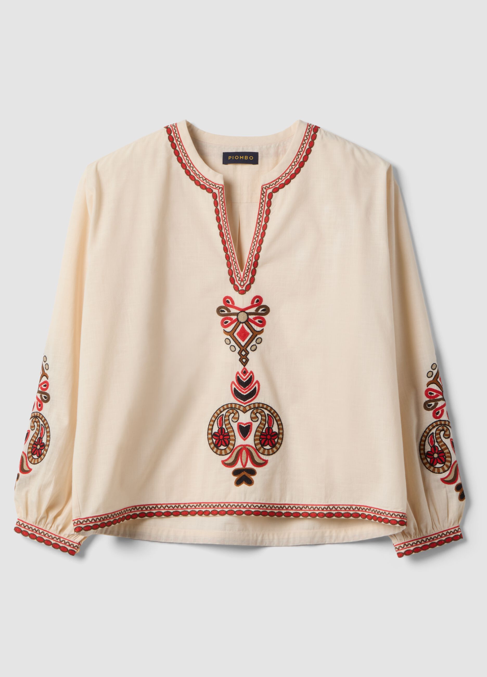 White pure cotton regular-fit shirt with embroidery and V-neck