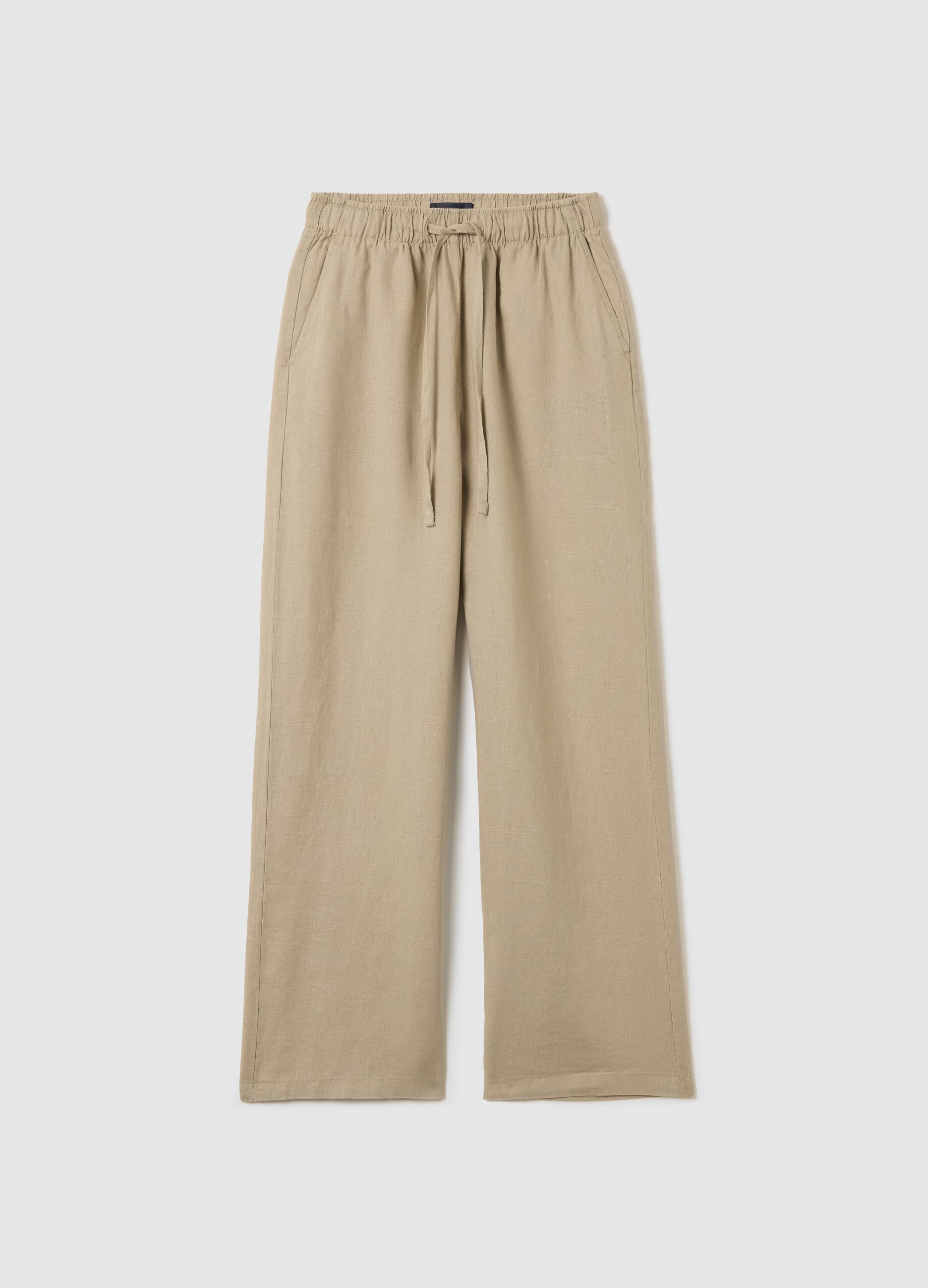Pantalone fluido in lino a gamba larga beige