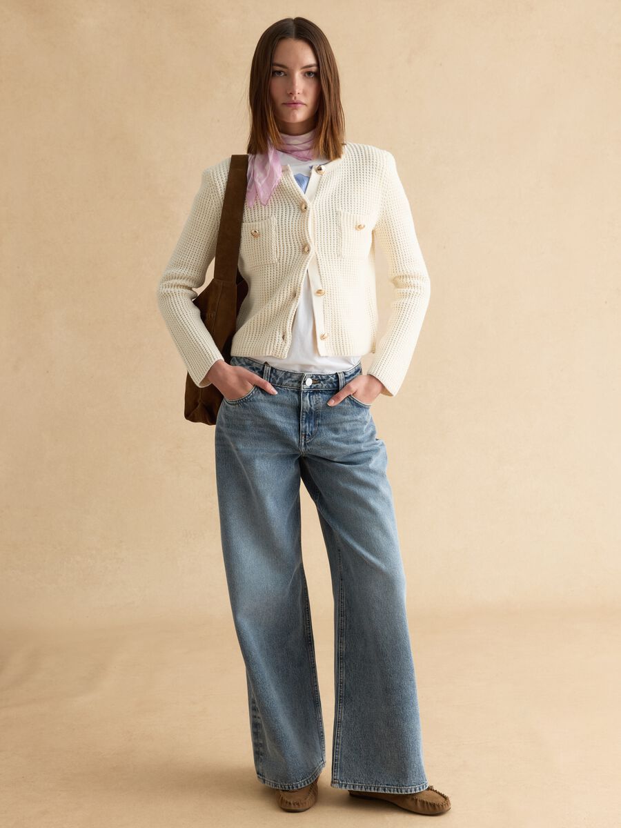 Cardigan in puro cotone bianco regular fit con design a maglia e bottoni_2