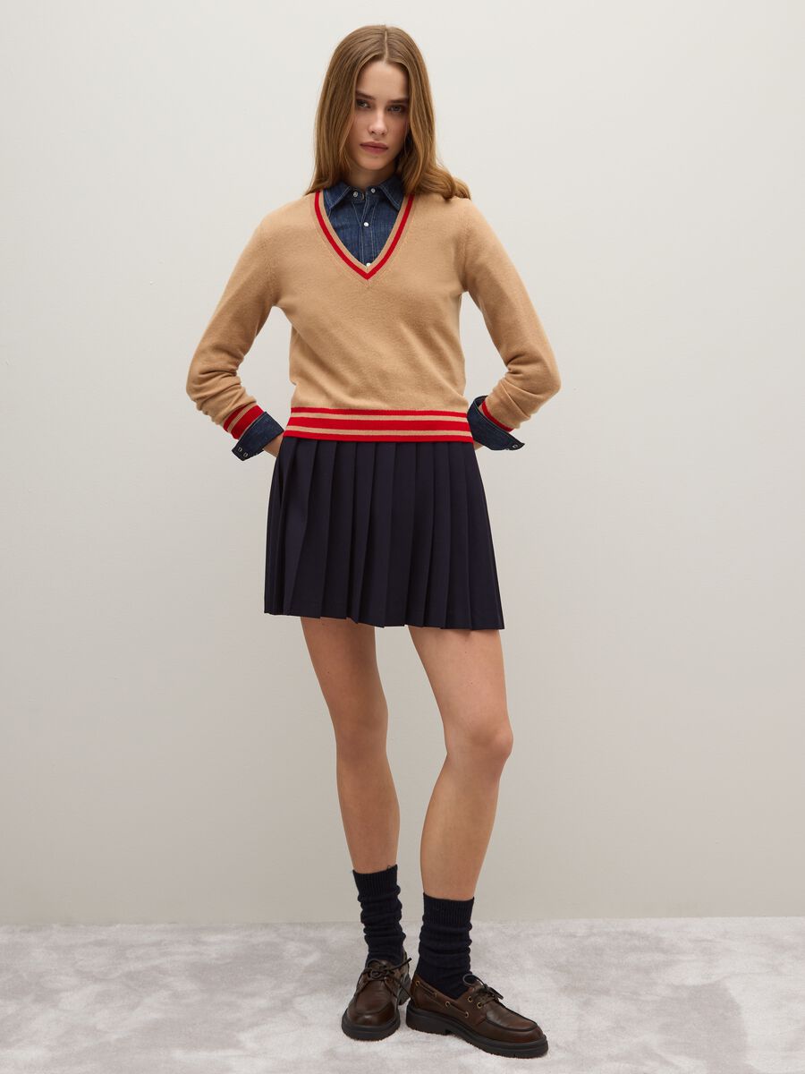Beige pure wool V-neck striped pullover_1