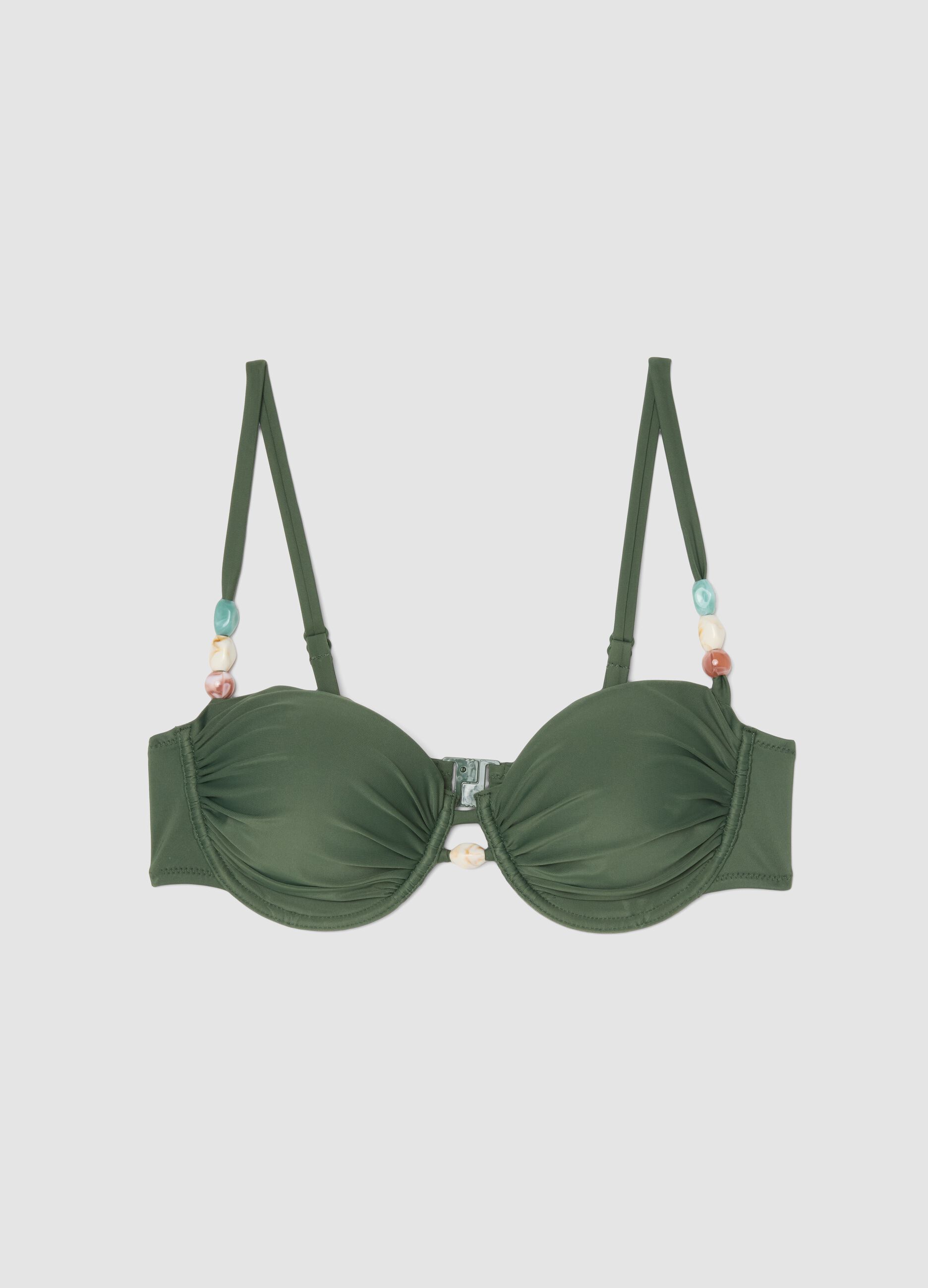 Green stretch bikini top with stones and removable cups