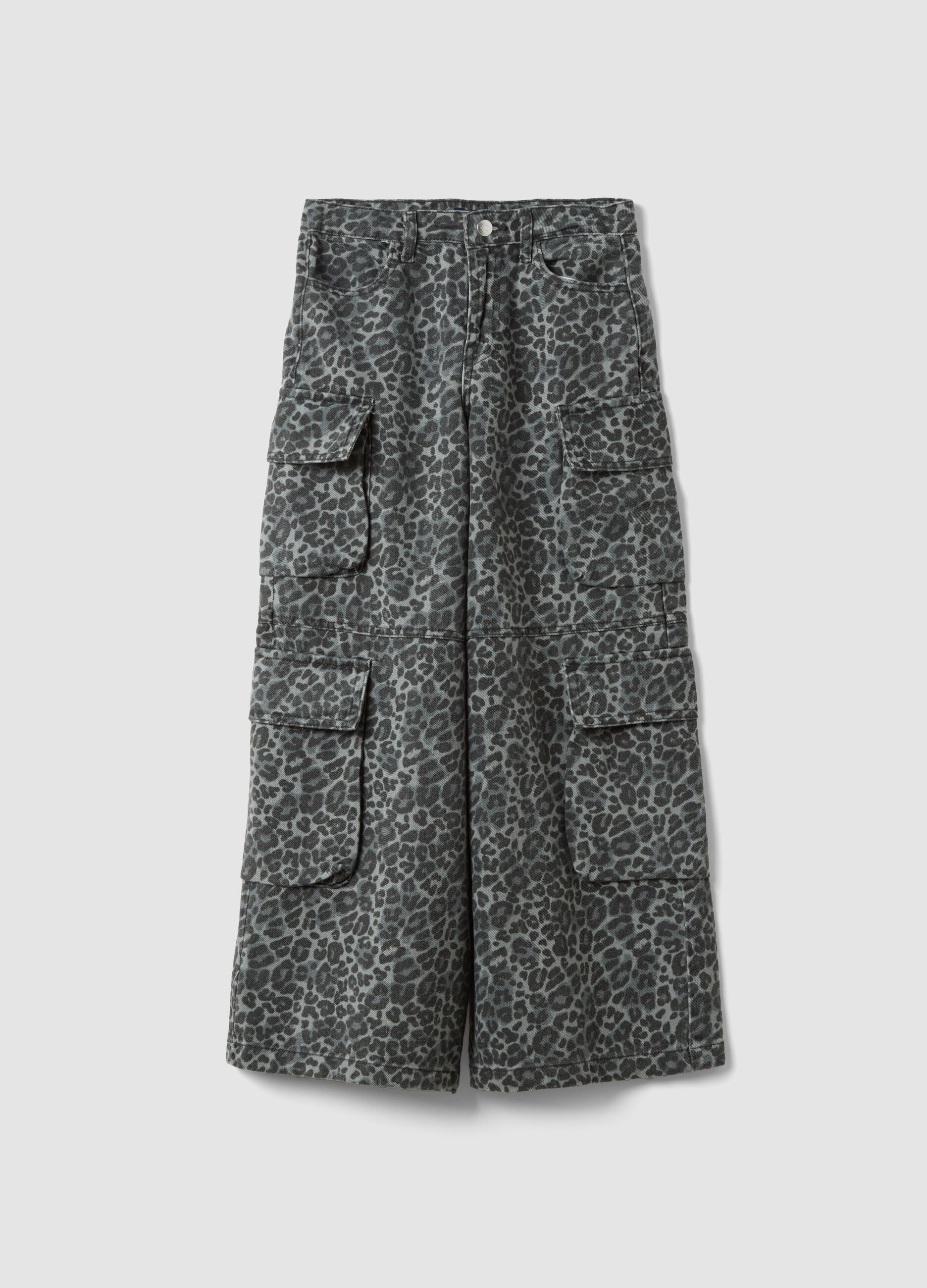 Grey pure cotton cargo trousers with animal print