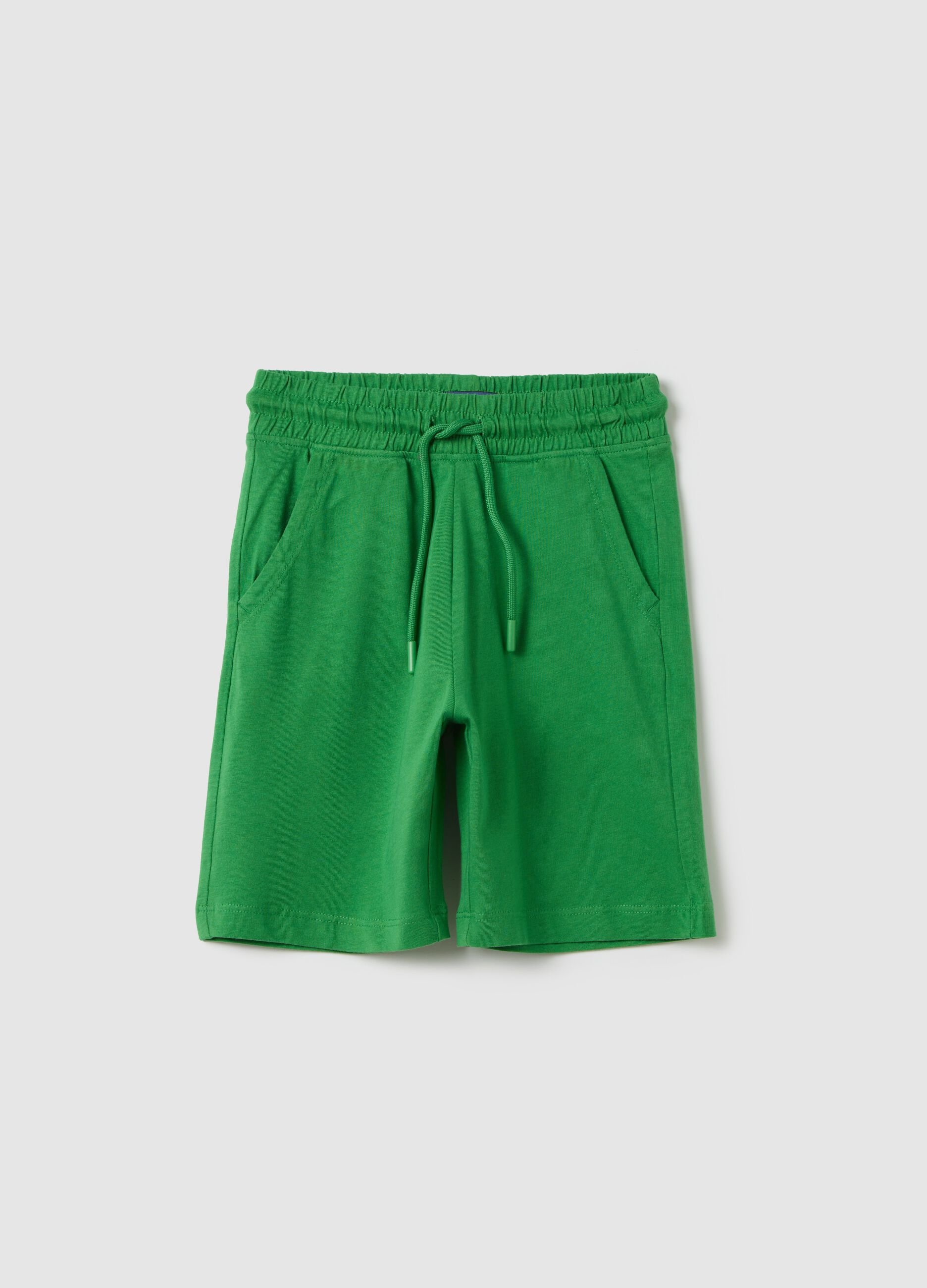 Green cotton shorts with elastic waistband