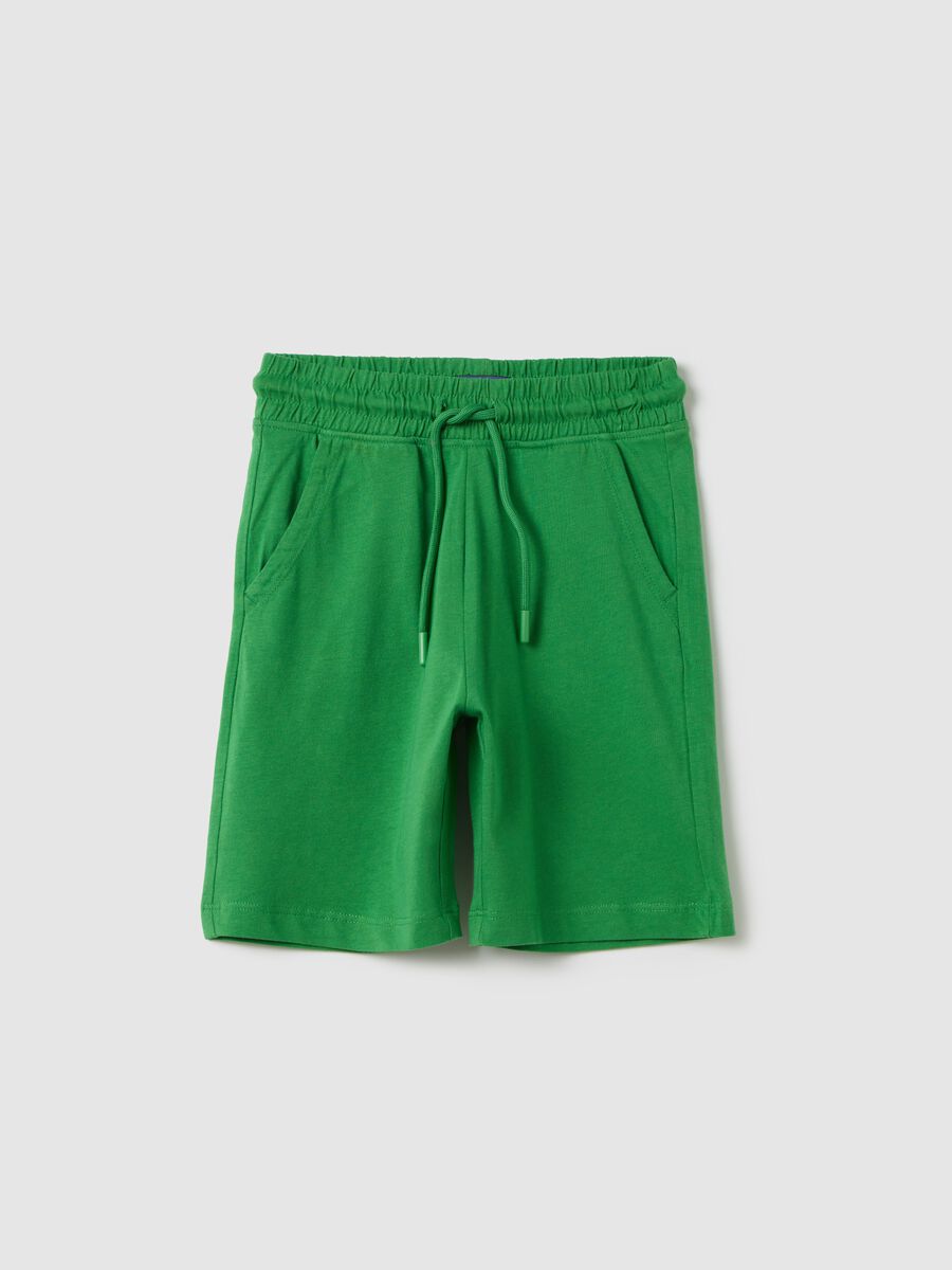 Green cotton shorts with elastic waistband_0