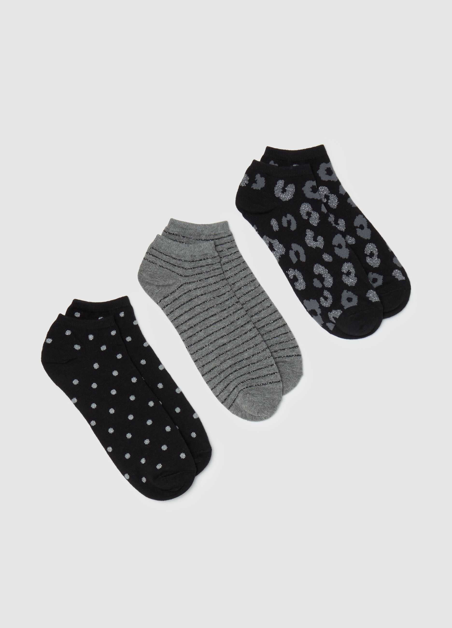 Three-pair pack short socks in patterned lurex