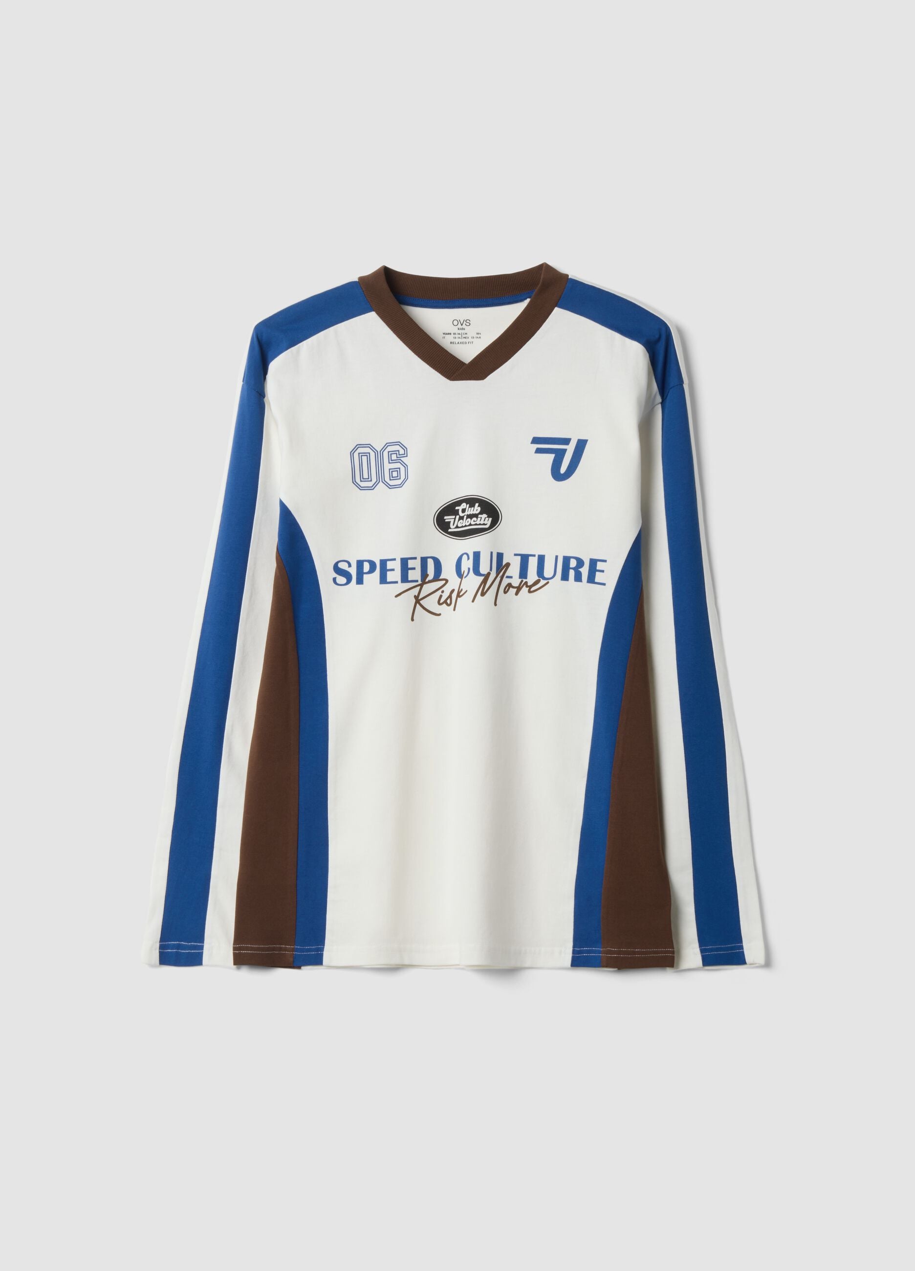 T-shirt bianca in puro cotone con girocollo e stampa racing