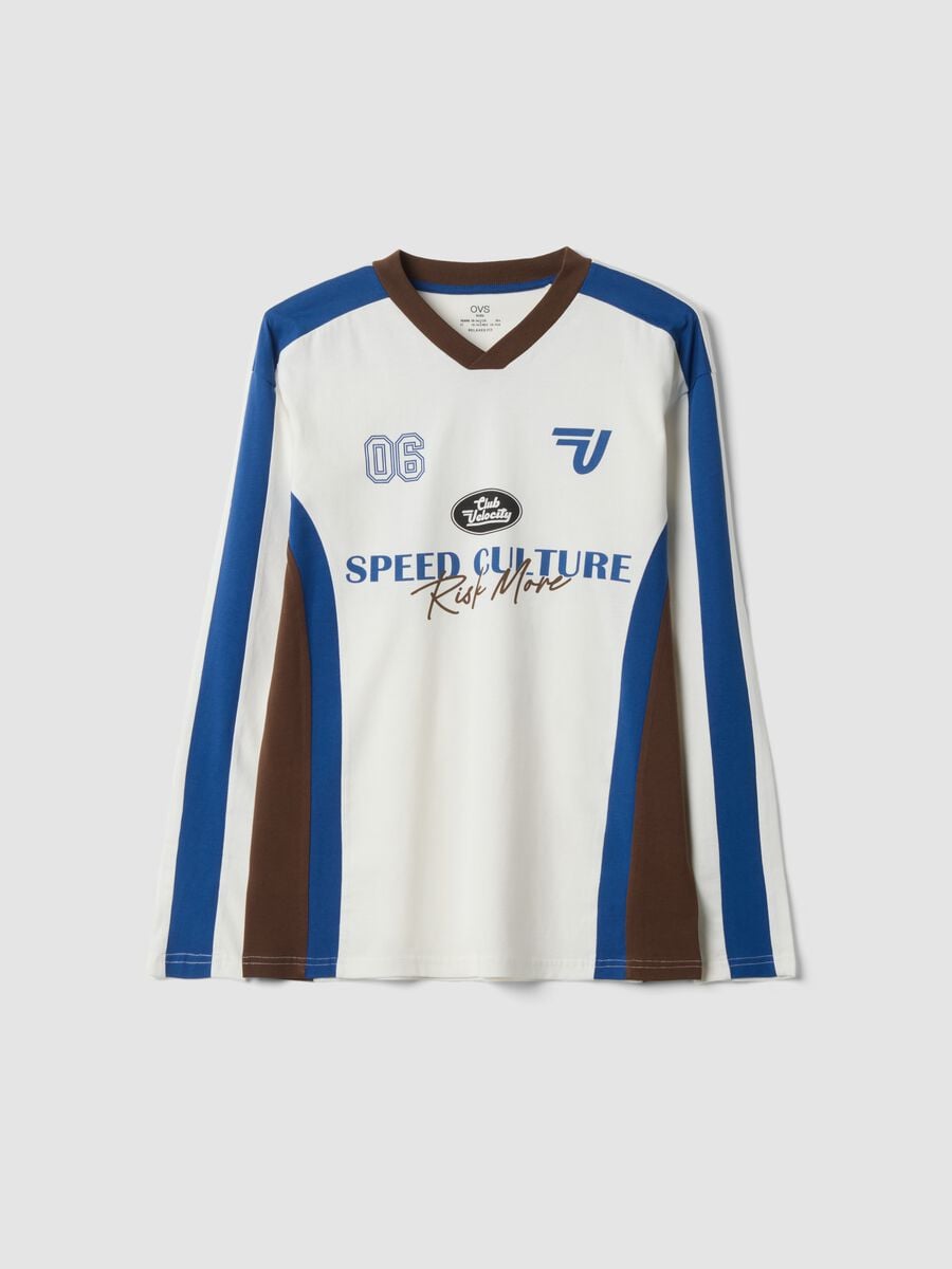 White pure cotton crew-neck T-shirt with racing print_0
