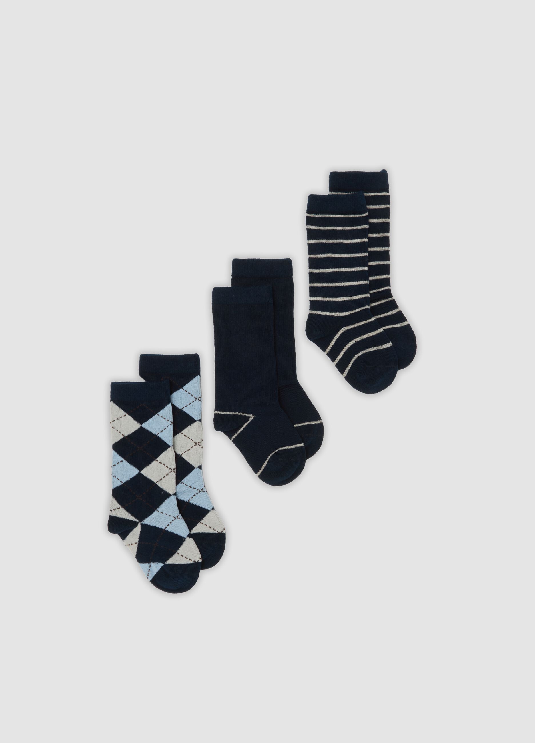 Tripack di calze lunghe blu in cotone organico elasticizzato