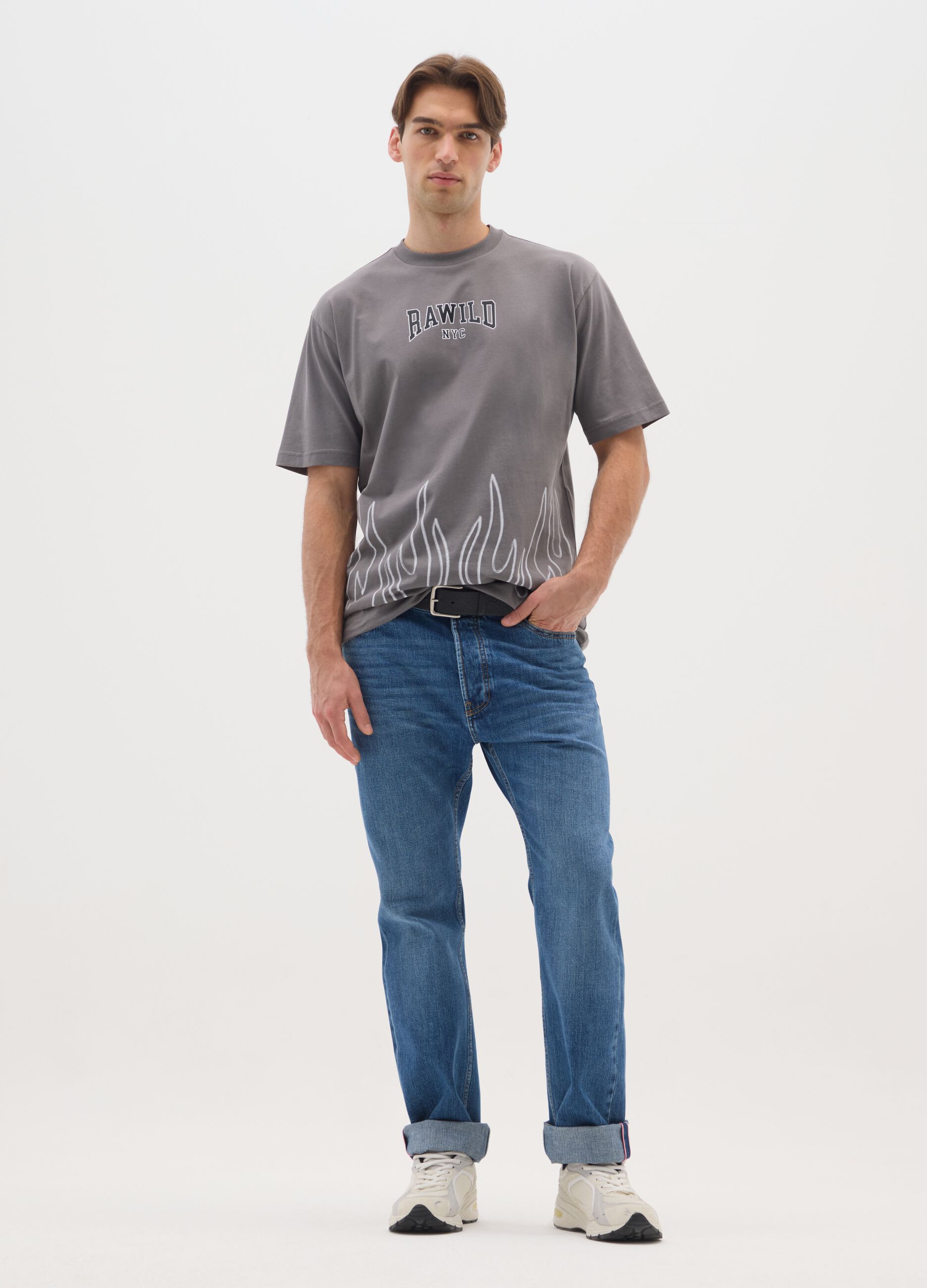 Grey pure cotton T-shirt with prints