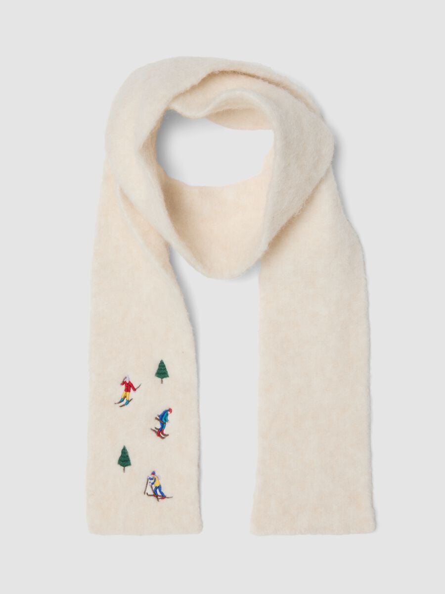 White stretch wool-blend scarf with skier embroidery_0