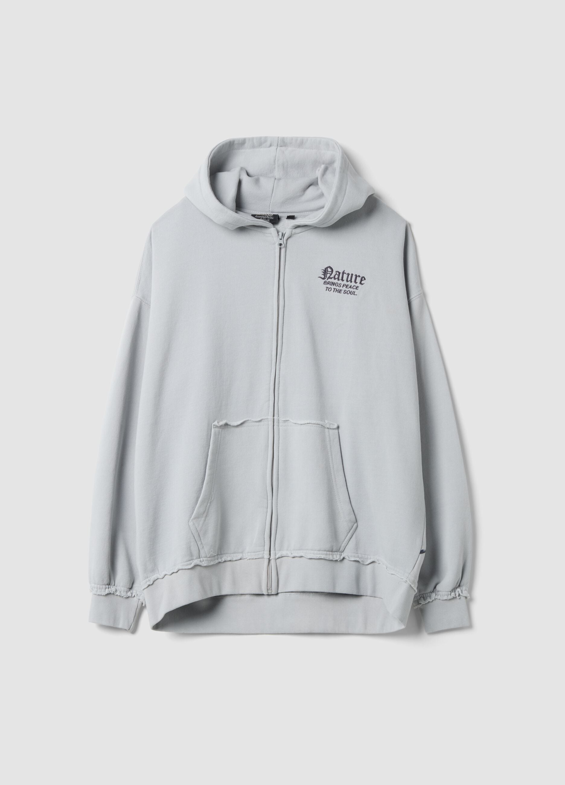 Grey cotton-blend hoodie with zip and botanical branch print