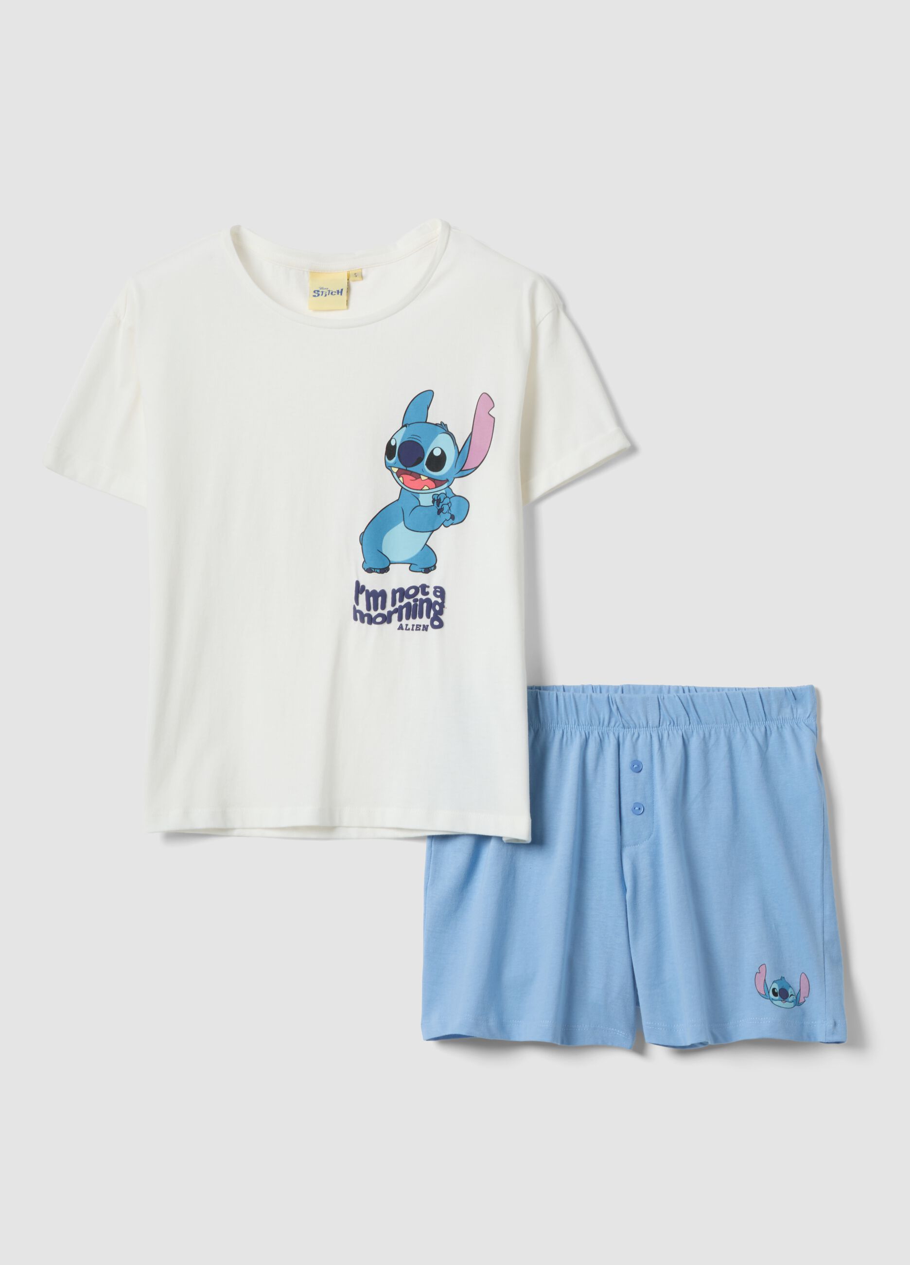 White and light blue short pure cotton pyjamas with Stitch print