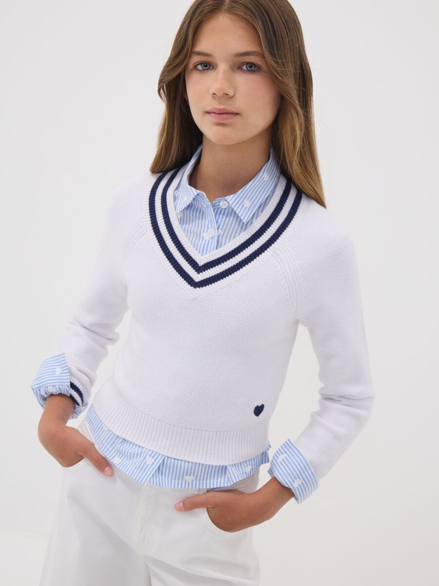 Maglia bianca in misto viscosa con scollo a V e righe per ragazza_0